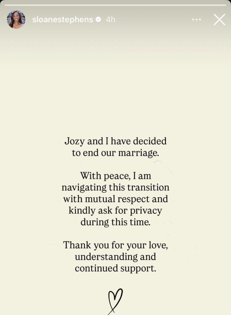 Sloane Stephens Announces Split From Husband Jozy Altidore After Four Years of Marriage (via Instagram)