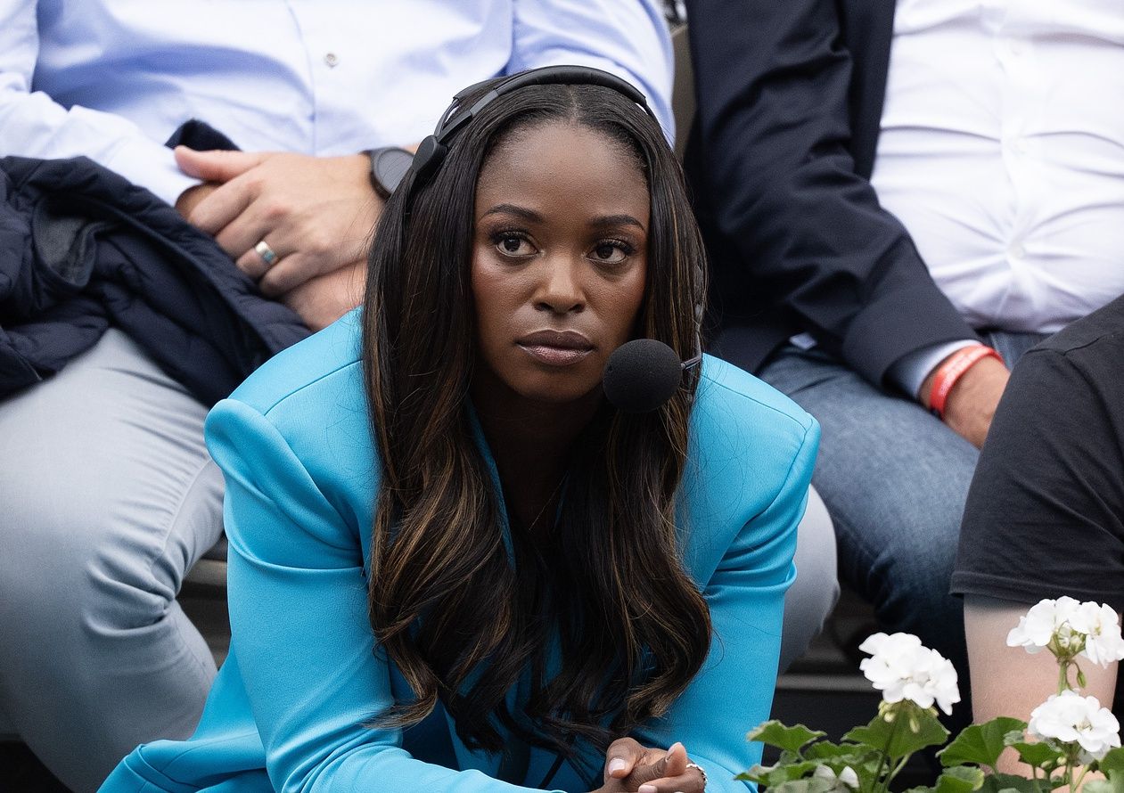 Sloane Stephens of the United States working as a commentator for TNT during the Madison Keys of the United States and Hailey Baptiste of the United States match on day nine at Roland Garros Stadium.