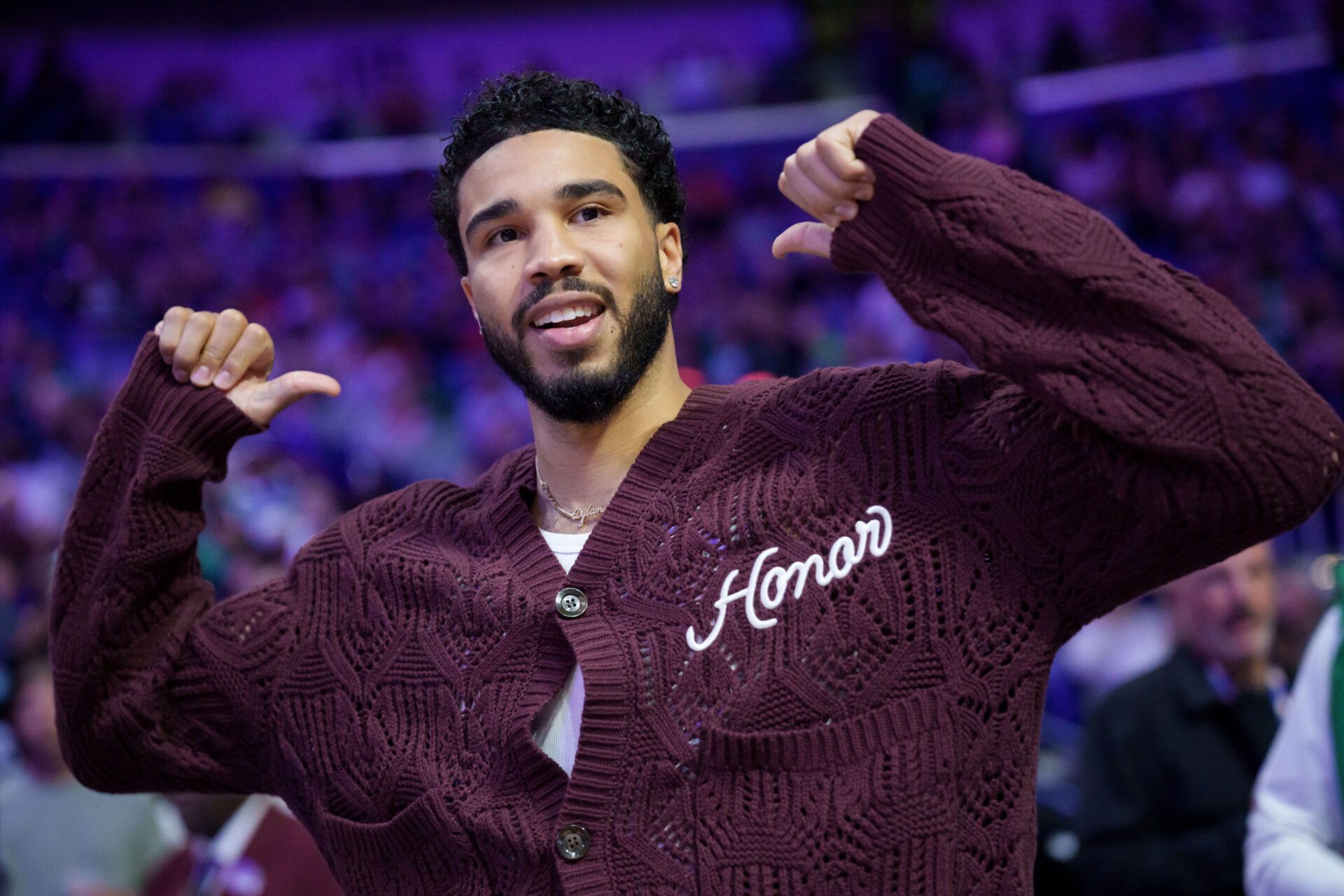 Boston Celtics forward Jayson Tatum reacts during introductions during a game against the New Orleans Pelicans at Smoothie King Center.