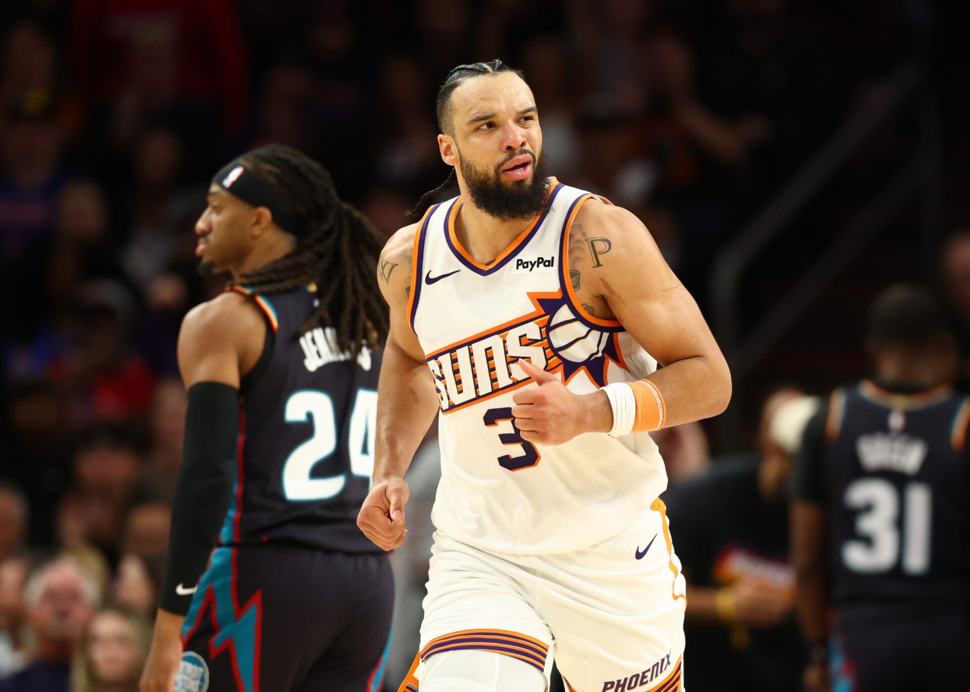 Phoenix Suns forward Dillon Brooks (3) reacts against the Detroit Pistons in the second half at Mortgage Matchup Center.