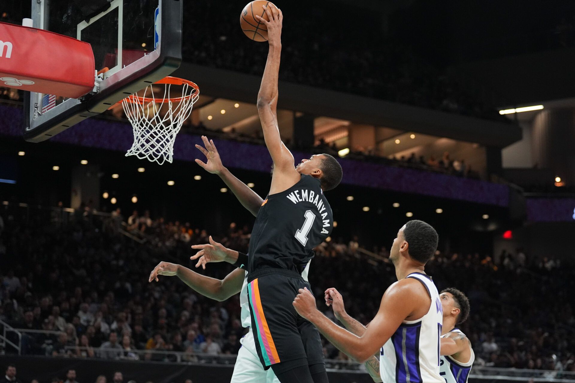 San Antonio Spurs forward Victor Wembanyama (1) goes up for a shot in the first half against the Sacramento Kings at Moody Center.