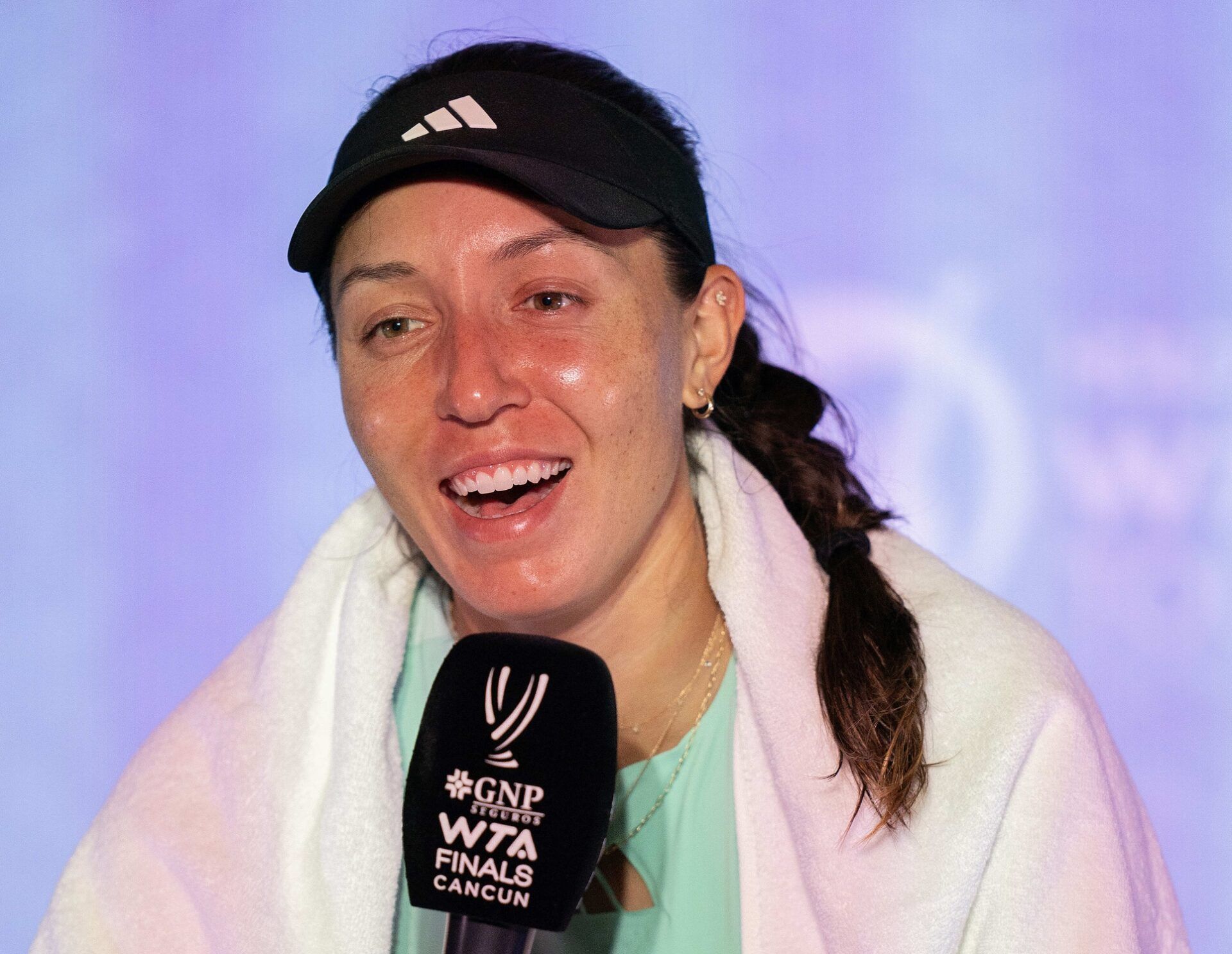 Jessica Pegula (USA) in her press conference after her match against Aryna Sabalenka on day three of the GNP Saguaros WTA Finals Cancun.