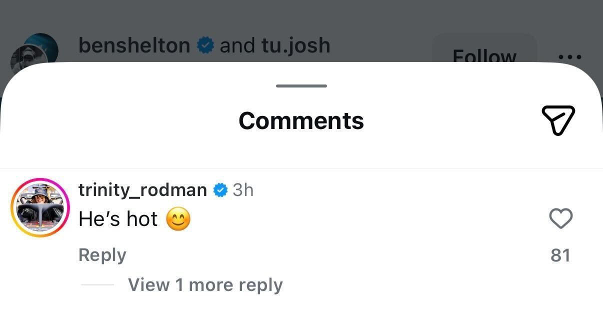 Screen grab of Ben Shelton's girlfriend Trinity Rodman's comment