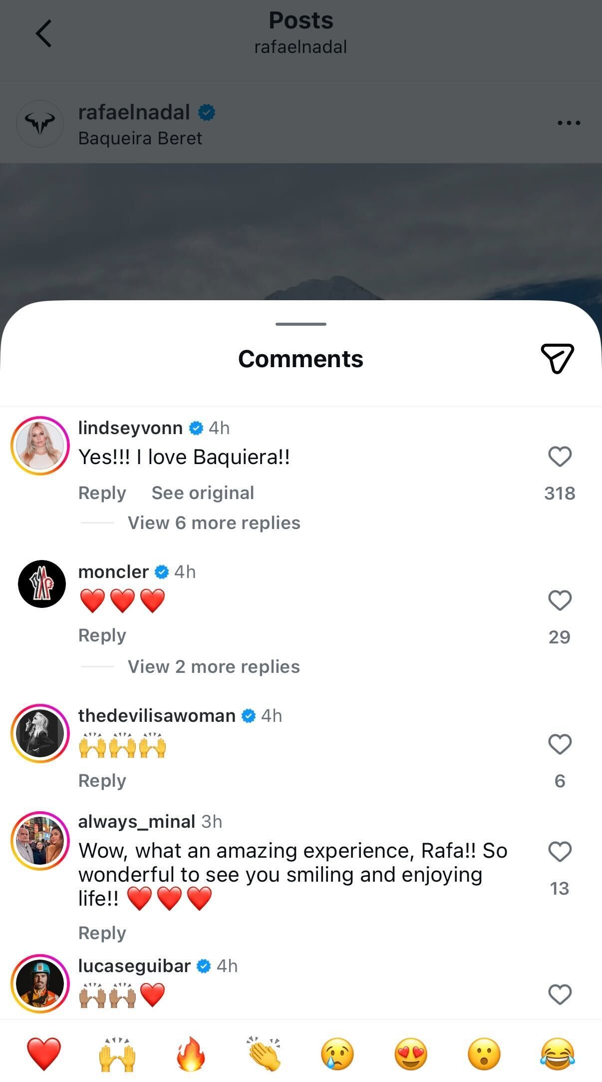 Lindsey Vonn's comment on Rafael Nadal's Instagram post