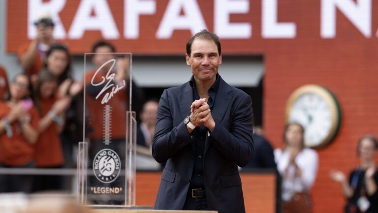 Rafael Nadal of Spain  during the presentation ceremony paying tribute to his career on a packed Court Philippe Chatrier Courtday on day one at Roland Garros Stadium.
