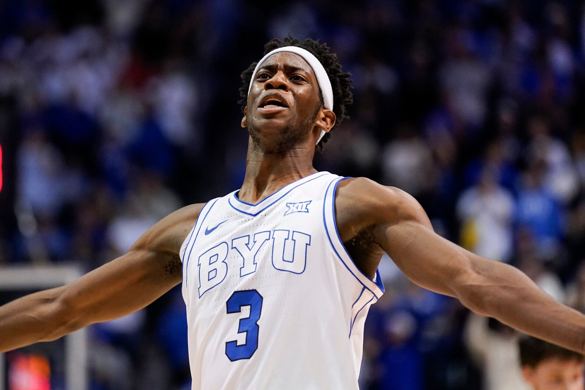 BYU Cougars forward AJ Dybantsa (3) reacts during the second half against the Iowa State Cyclones at Marriott Center.