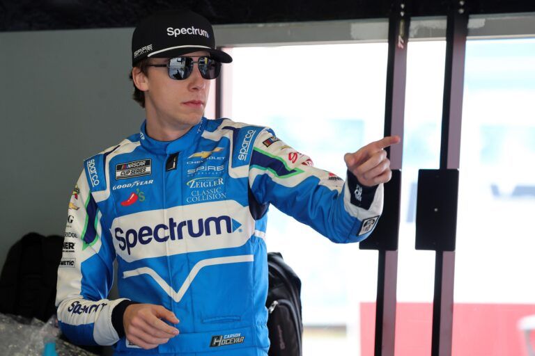 NASCAR Cup Series driver Carson Hocevar (77) during practice for the Daytona 500 at Daytona International Speedway.