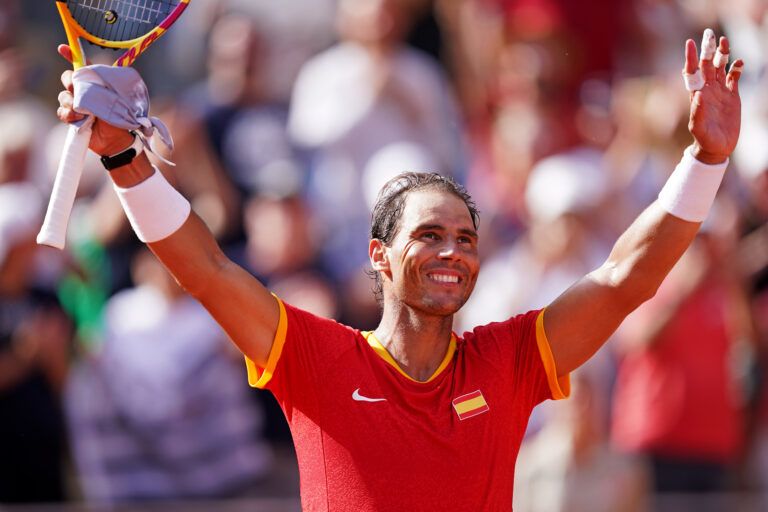 Rafael Nadal (ESP) celebrates after his match against Marton Fucsovics (HUN) in the men’s tennis singles first round during the Paris 2024 Olympic Summer Games at Stade Roland Garros.