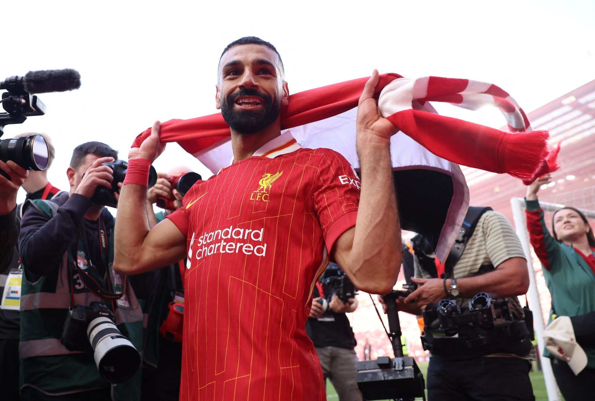 [US, Mexico & Canada customers only] April 27, 2025; Anfield, Liverpool, BRITAIN; Liverpool player Mohamed Salah celebrates after winning the Premier League.
