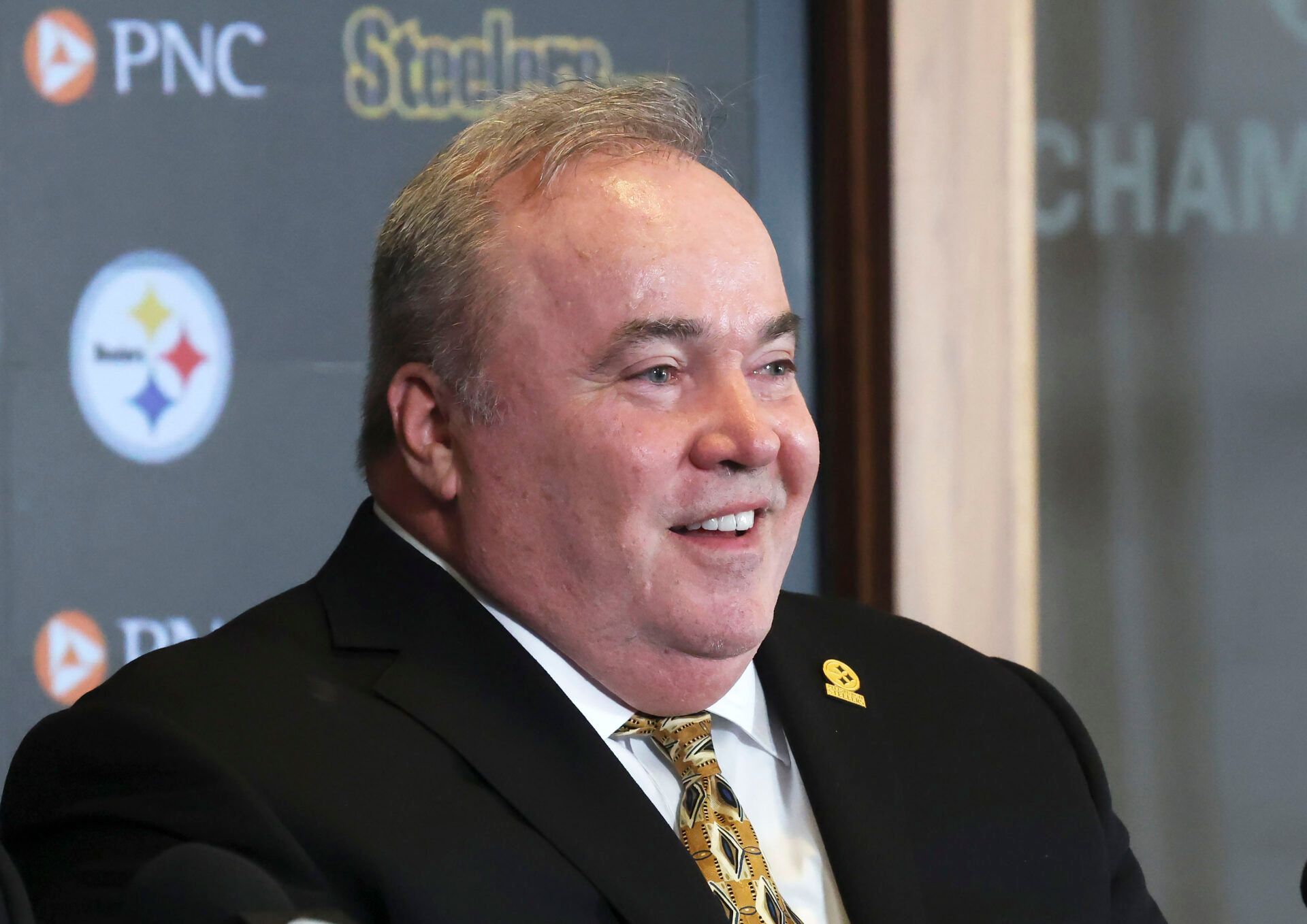 Pittsburgh Steelers head coach Mike McCarthy speaks at a press conference introducing him as the next head coach of the Steelers at PNC Champions Club at Acrisure Stadium..