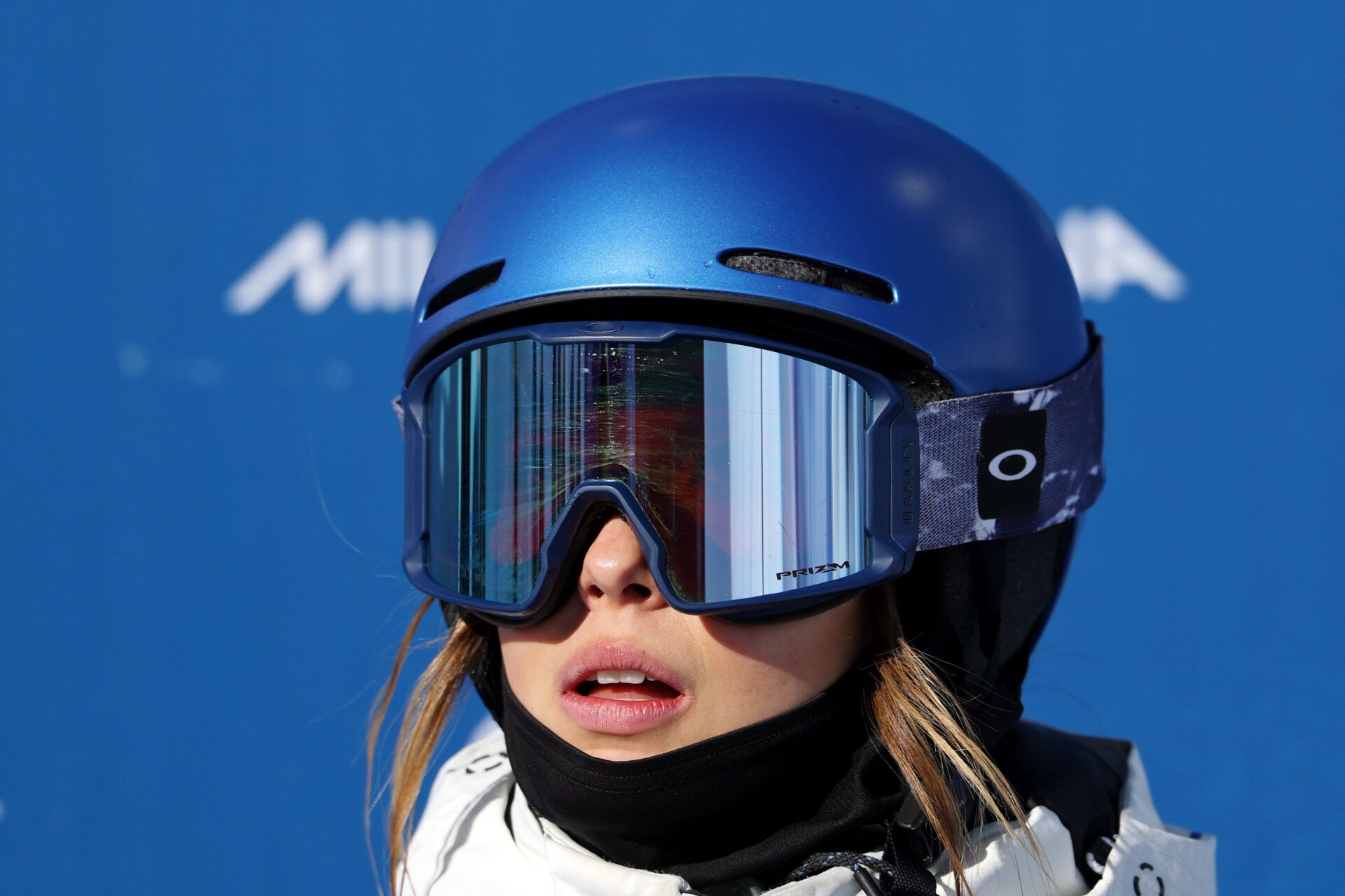 Ailing Eileen Gu of the People's Republic of China reacts after her run during the women's skiing halfpipe final during the Milano Cortina 2026 Olympic Winter Games at Livigno Snow Park.