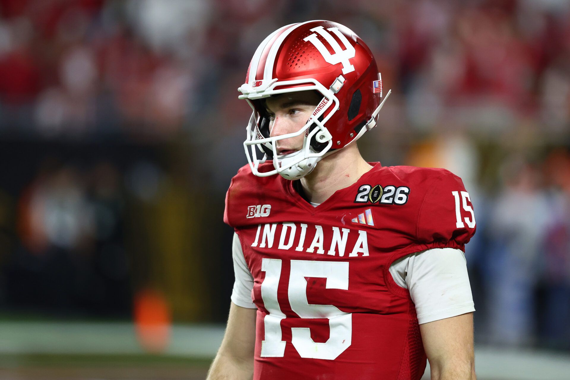 Indiana Hoosiers quarterback Fernando Mendoza (15)  in the second half during the College Football Playoff National Championship game at Hard Rock Stadium.