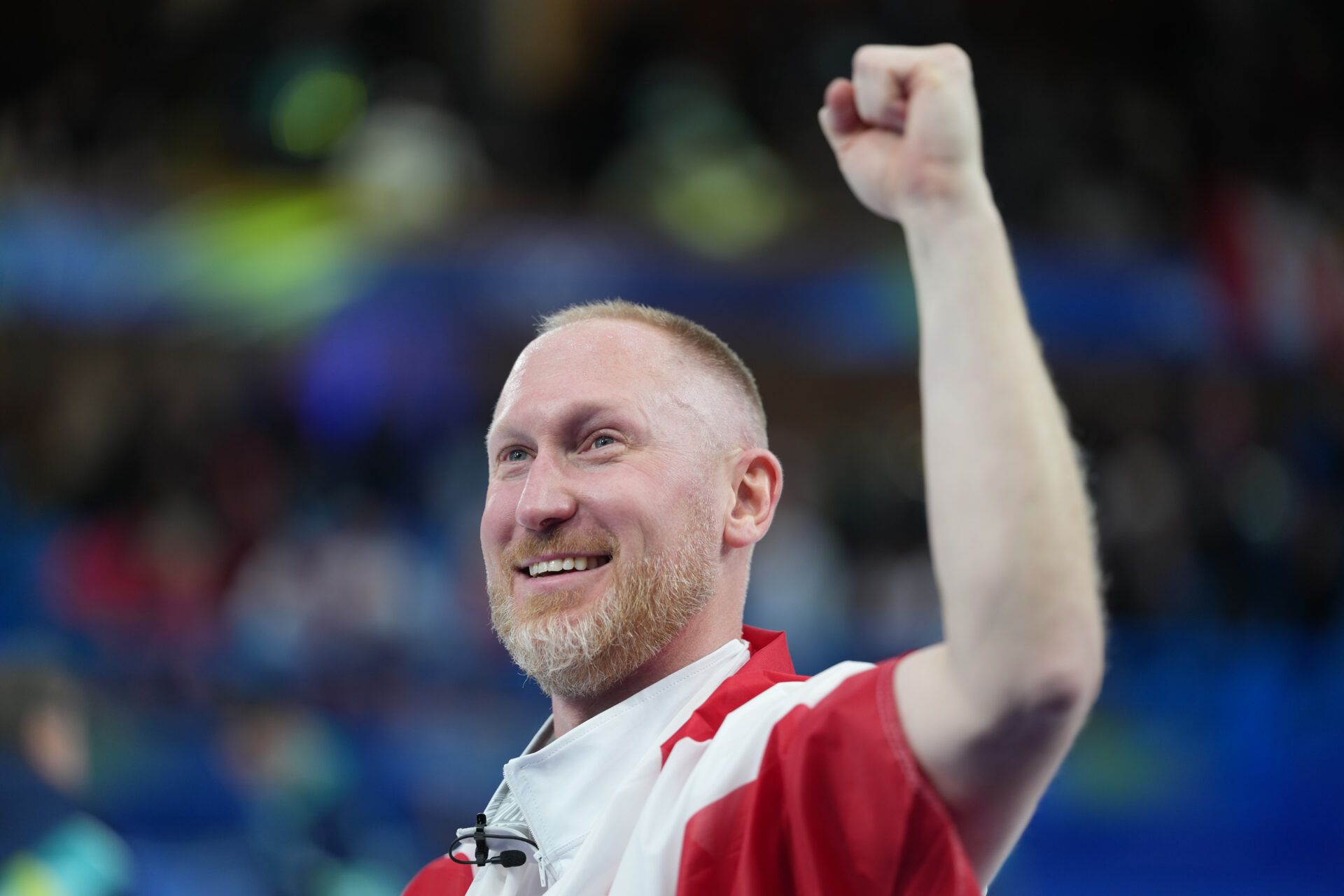 Brad Jacobs of Canada celebrates after defeating Great Britain in the men's curling gold medal game during the Milano Cortina 2026 Olympic Winter Games at Cortina Curling Olympic Stadium.