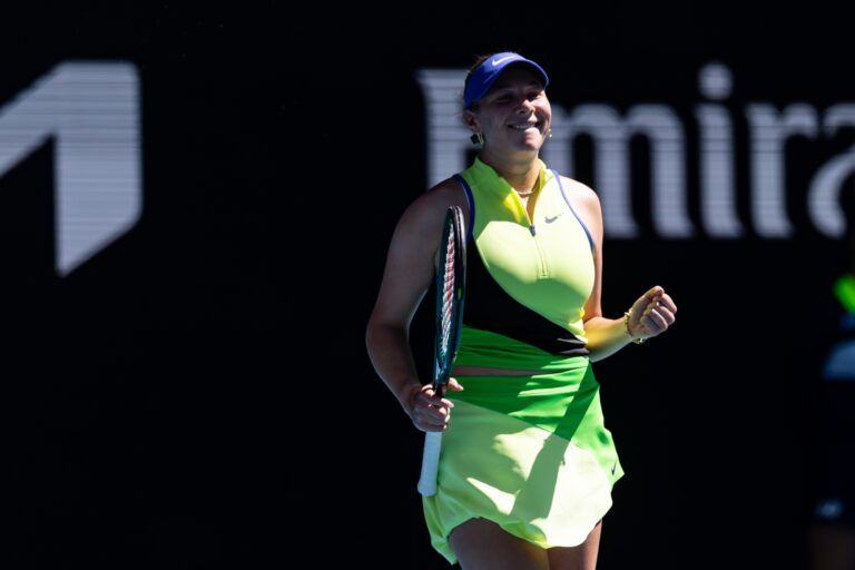 Amanda Anisimova of United States celebrates her victory over Xinyu Wang of China in the fourth round of the womens singles at the Australian Open at John Cain Arena in Melbourne Park.