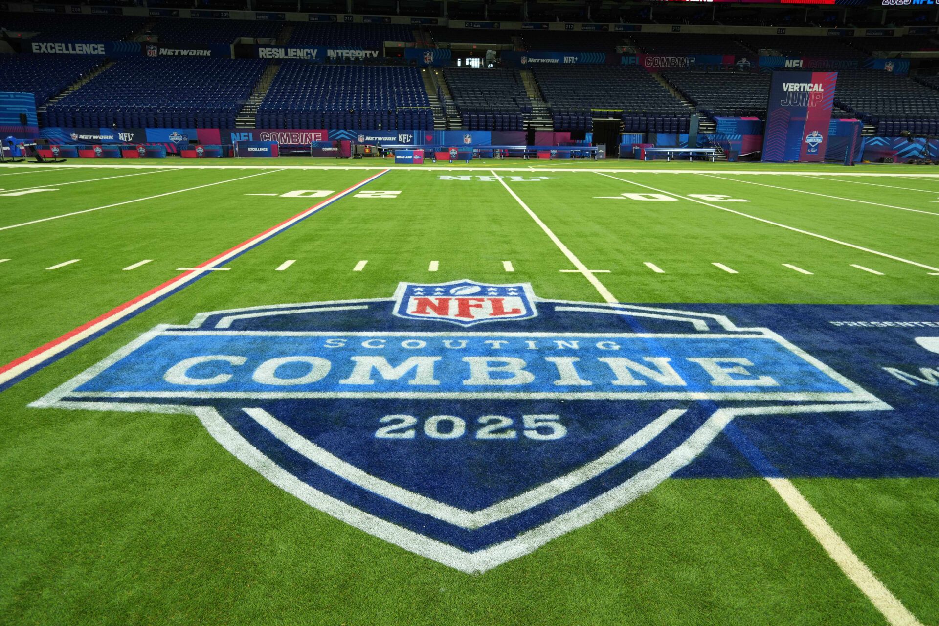 The 2025 NFL Scouting Combine logo on the field at Lucas Oil Stadium.