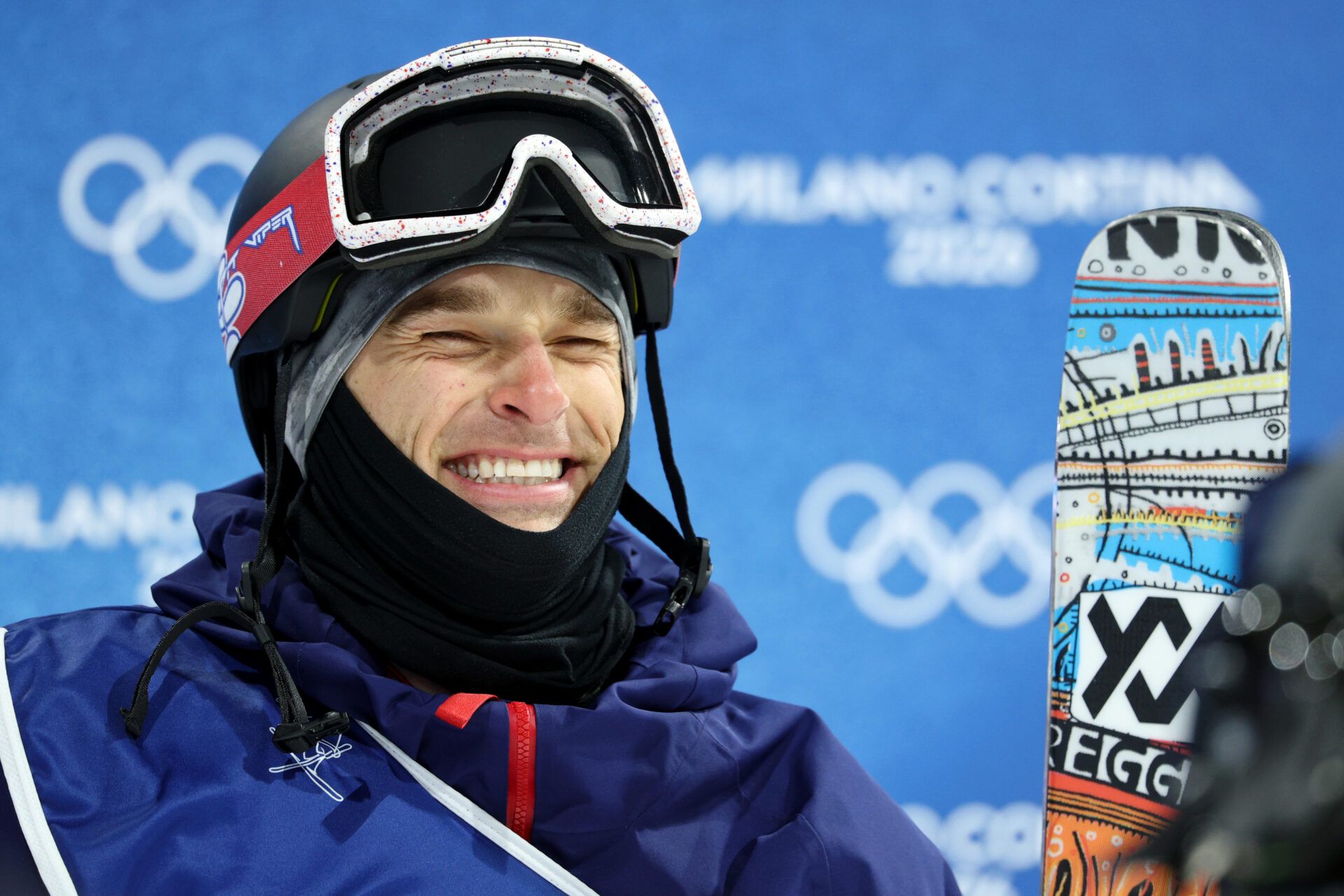 Nick Goepper of the United States reacts after his run during the men's skiing halfpipe final during the Milano Cortina 2026 Olympic Winter Games at Livigno Snow Park.