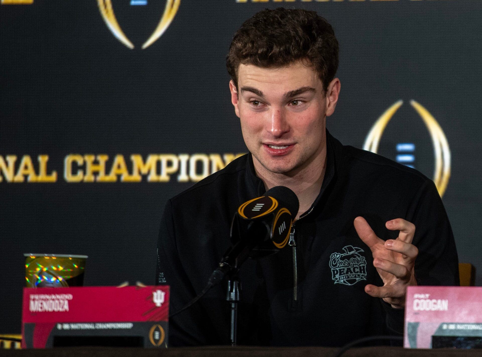 Indiana'ss Fernando Mendoza speaks at the champions press conference on Tuesday, Jan. 20. 2026.