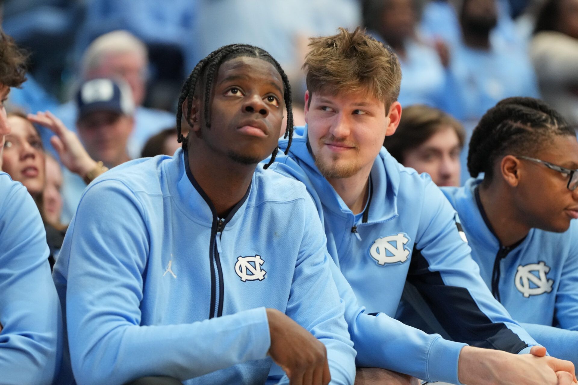 North Carolina Tar Heels forward Caleb Wilson (8) and center Henri Veesaar (13) on the bench in the second half at Dean E. Smith Center.