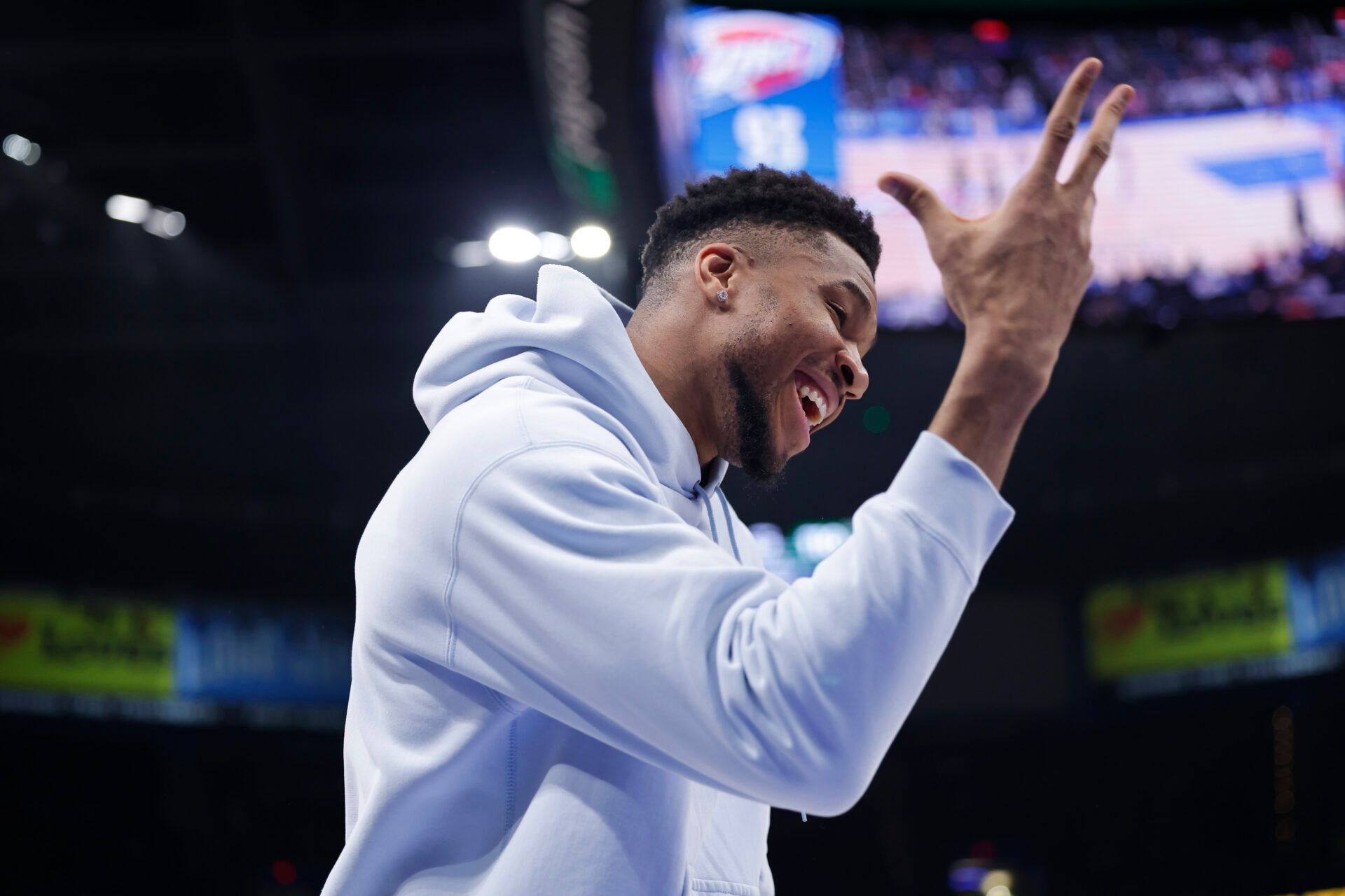 Milwaukee Bucks forward Giannis Antetokounmpo (34) gestures after his team defeated the Oklahoma City Thunder at Paycom Center.