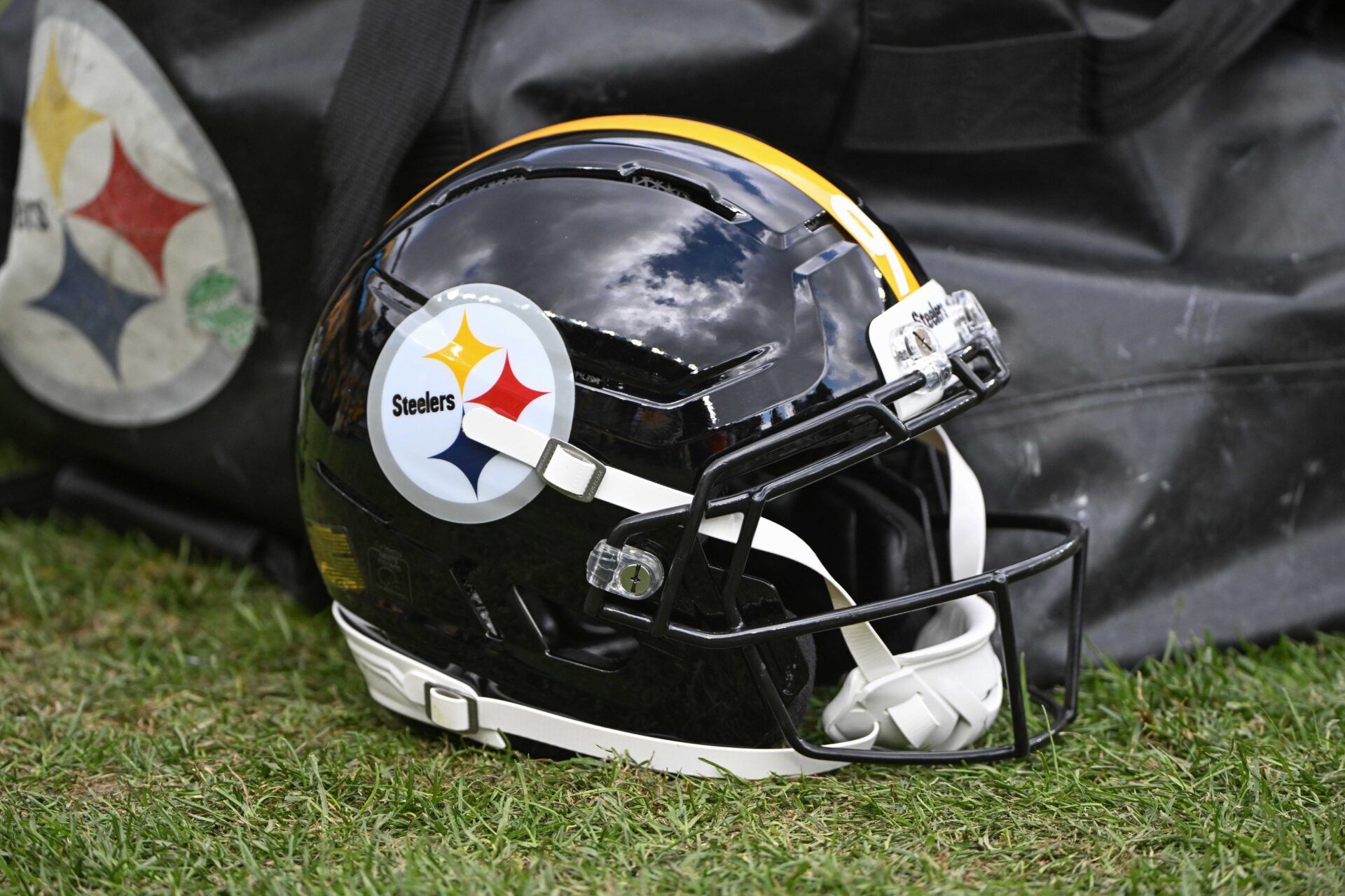 A Pittsburgh Steelers helmet before a game against the Cincinnati Bengals at Acrisure Stadium.