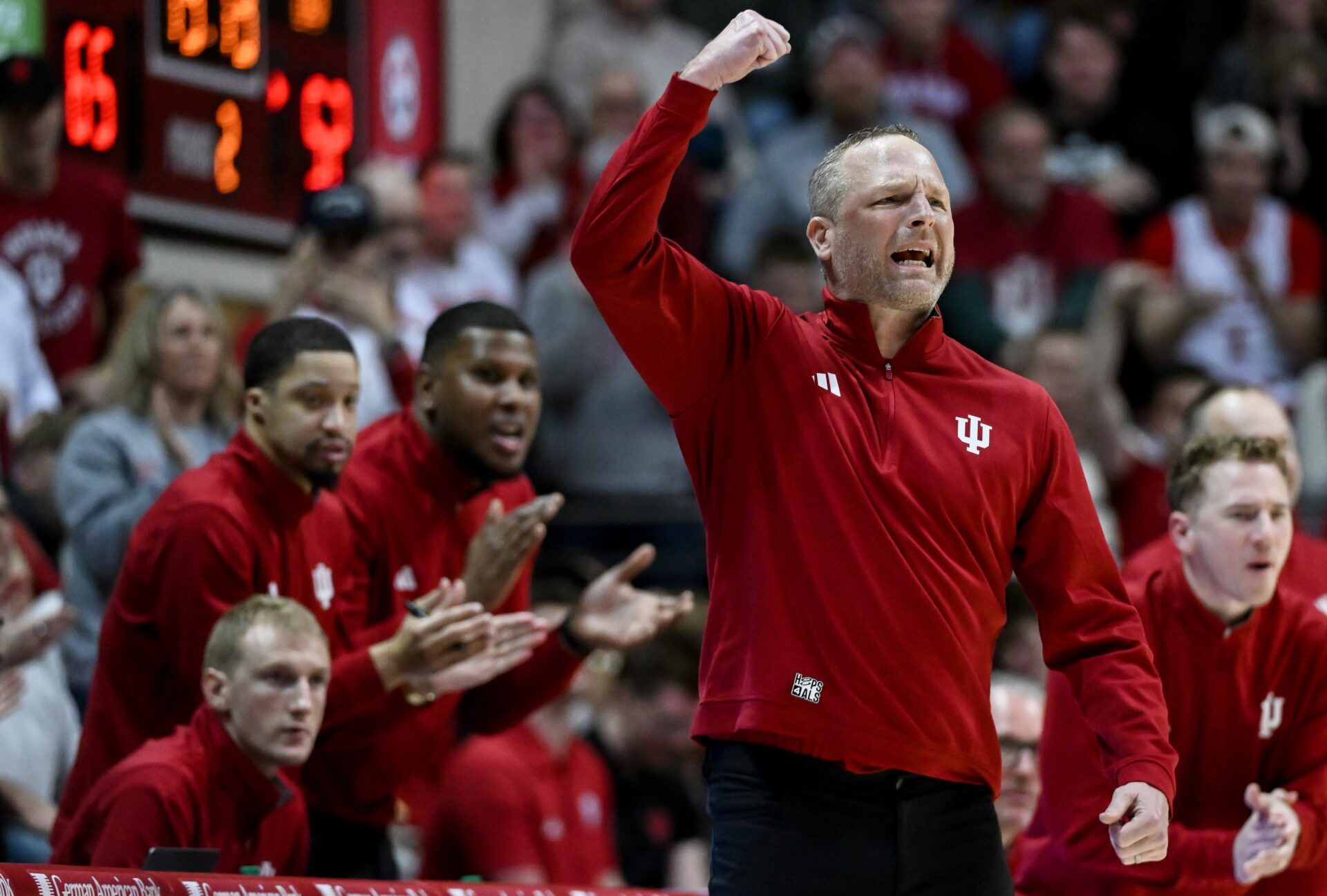 Indiana Hoosiers head coach Darian Devries celebrates after a play against the Washington Huskies during the second half at Simon Skjodt Assembly Hall.