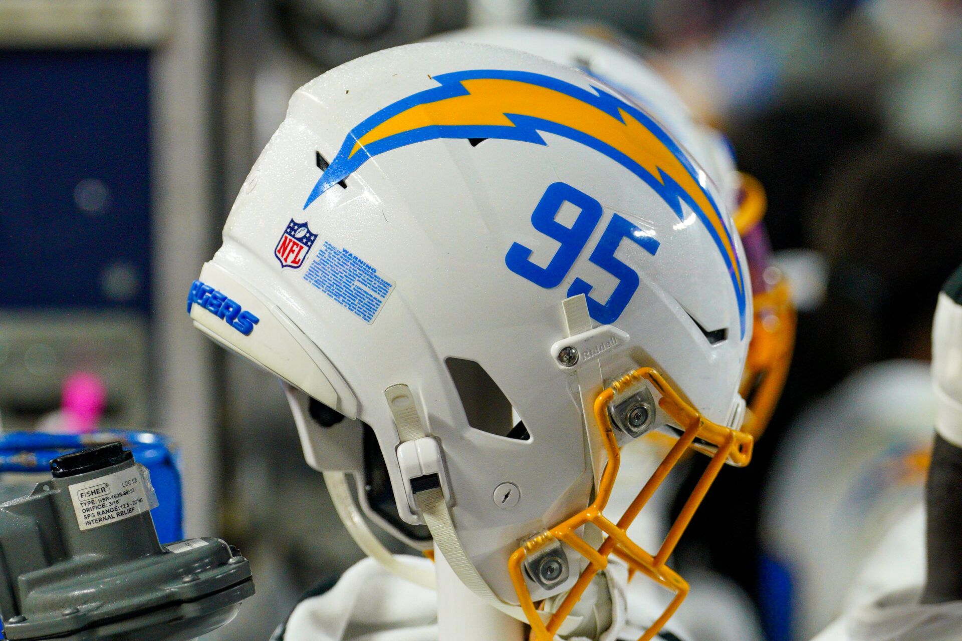 A general view of a Los Angeles Chargers helmet against the Kansas City Chiefs during the second half at GEHA Field at Arrowhead Stadium.