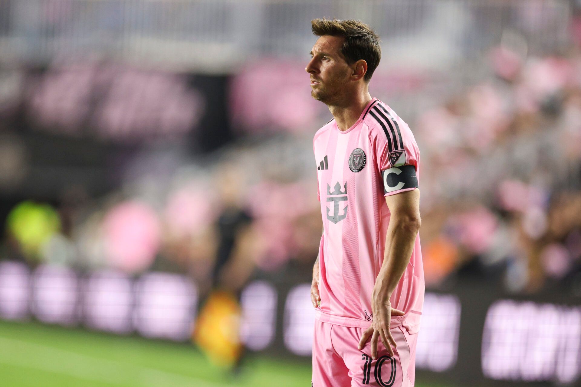 Inter Miami CF forward Lionel Messi (10) looks on against New York City FC in the second half during the Eastern Conference Final at Chase Stadium.