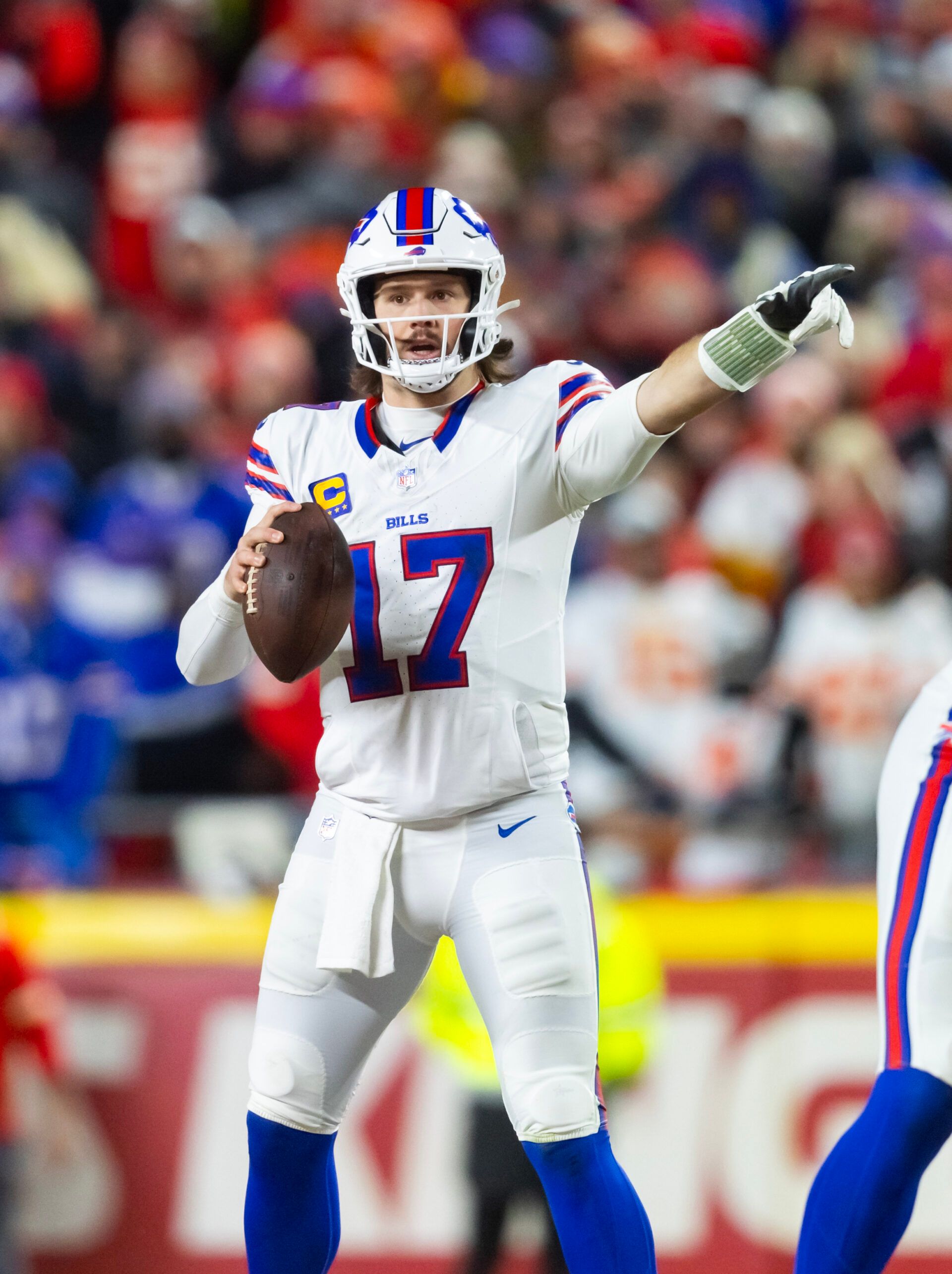 Buffalo Bills quarterback Josh Allen (17) reacts against the Kansas City Chiefs during the AFC Championship game at GEHA Field at Arrowhead Stadium.