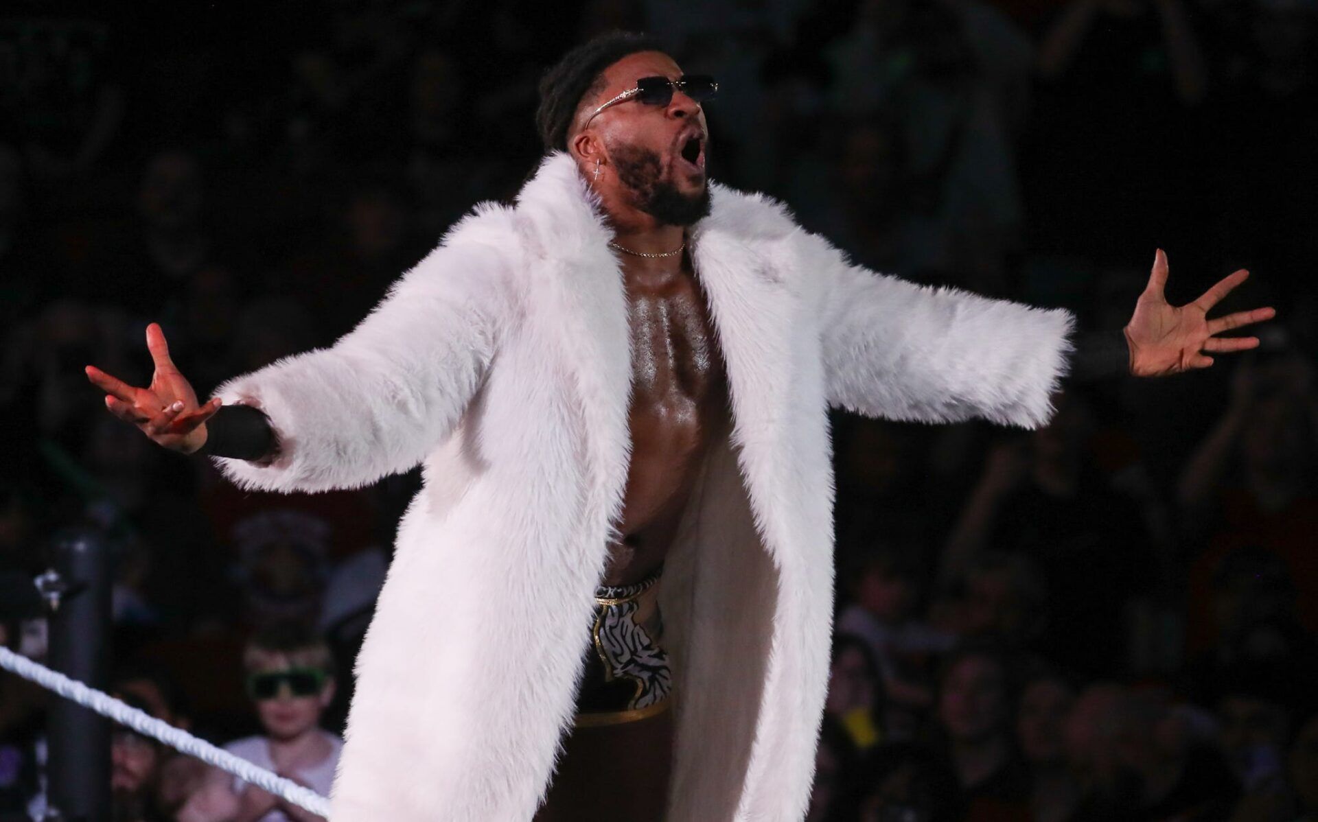 Trick Williams poses on the turnbuckle before a match during the WWE Road to WrestleMania show, Saturday, Feb. 14, 2026, in United Supermarkets Arena at Lubbock. © Nathan Giese/Avalanche-Journal / USA TODAY NETWORK via Imagn Images