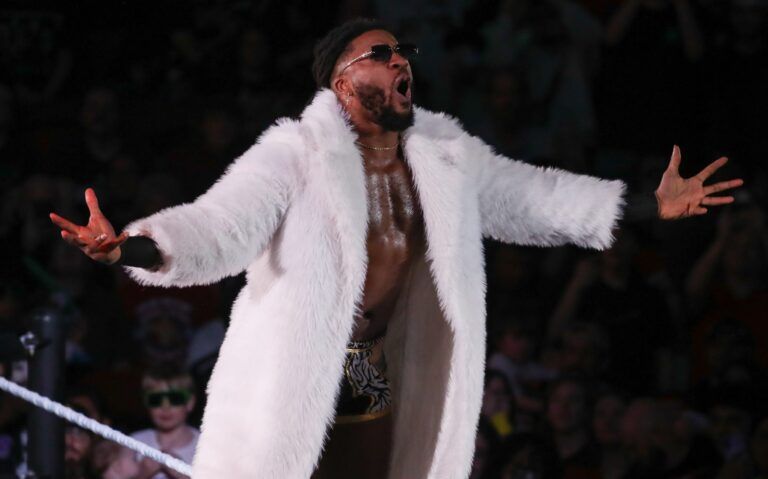 Trick Williams poses on the turnbuckle before a match during the WWE Road to WrestleMania show, Saturday, Feb. 14, 2026, in United Supermarkets Arena at Lubbock. © Nathan Giese/Avalanche-Journal / USA TODAY NETWORK via Imagn Images