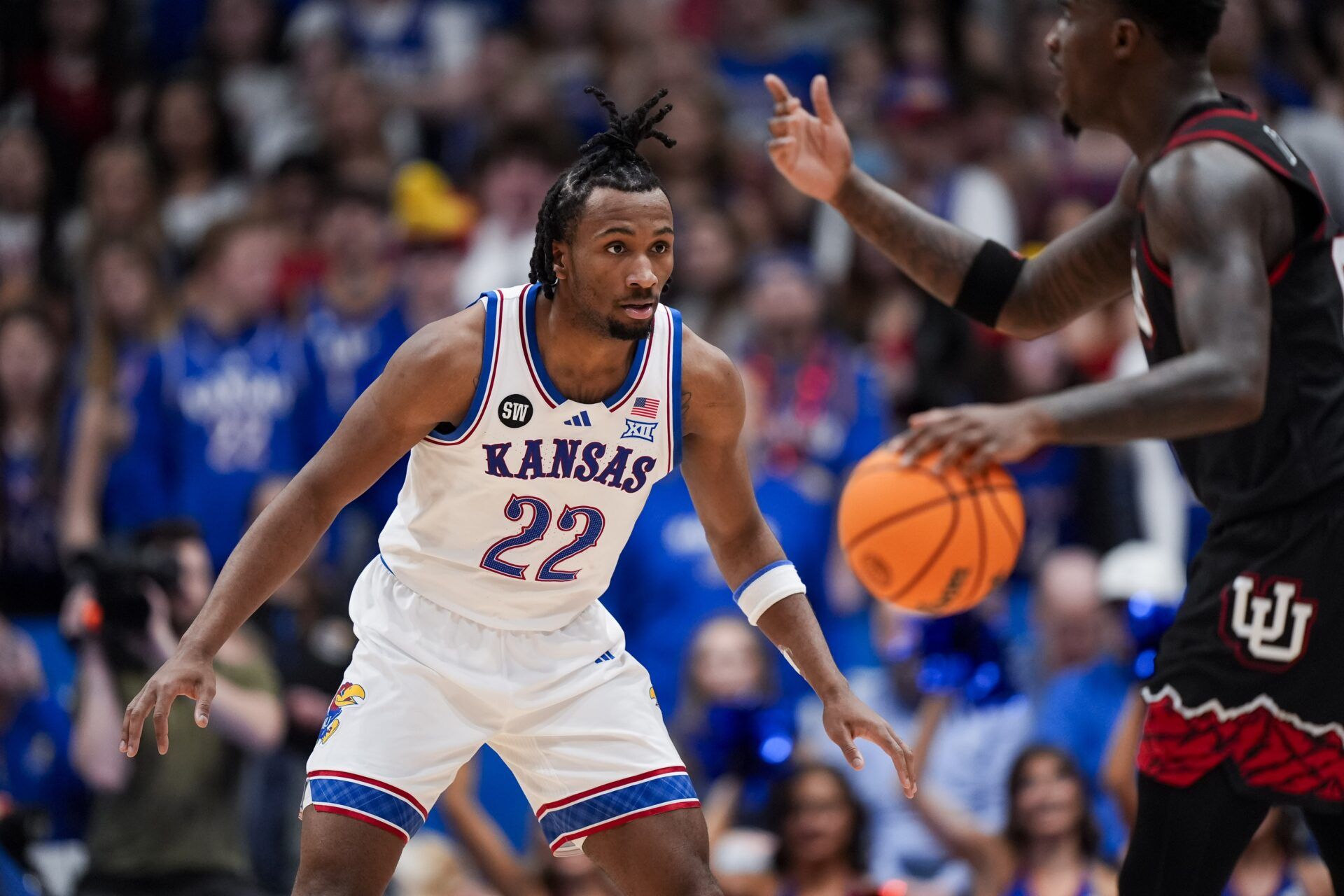 Kansas Jayhawks guard Darryn Peterson (22) defends during the second half against the Kansas Jayhawks at Allen Fieldhouse.
