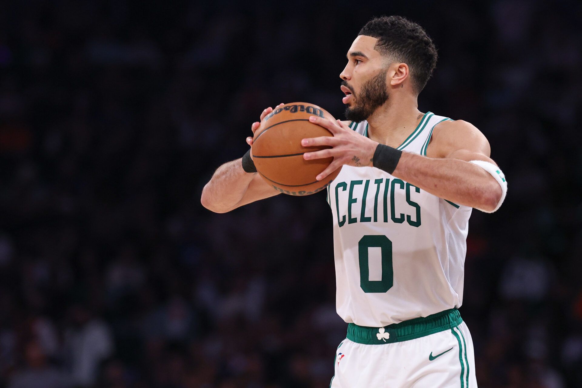 Boston Celtics forward Jayson Tatum (0) looks to pass in the second half during game four of the second round for the 2025 NBA Playoffs against the New York Knicks at Madison Square Garden.
