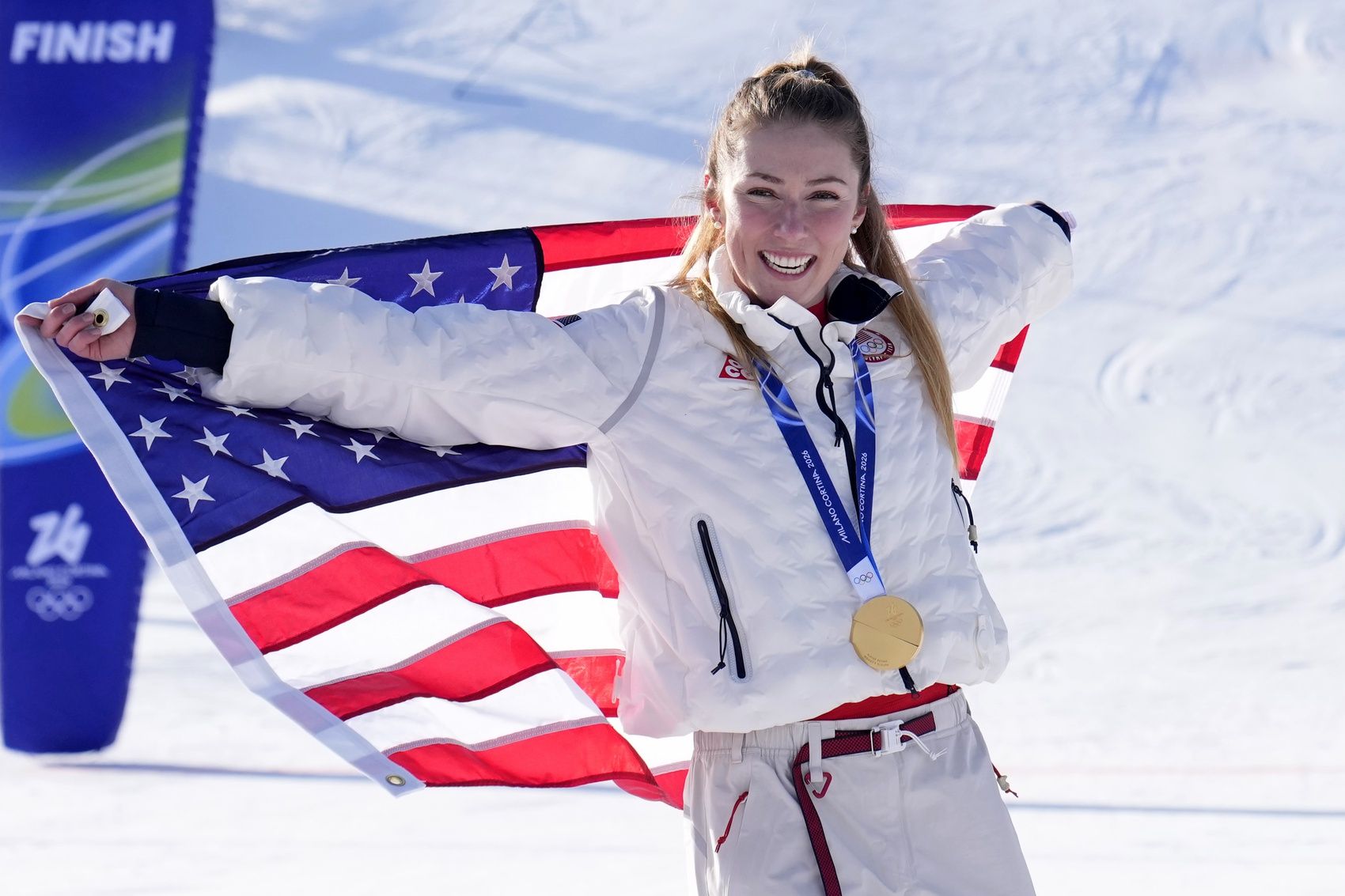 Gold medalist Mikaela Shiffrin of the United States celebrates during the medal ceremony for the women's slalom during the Milano Cortina 2026 Olympic Winter Games at Tofane Alpine Skiing Centre.