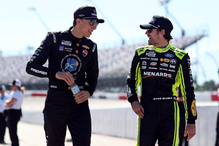 NASCAR Cup Series driver Carson Hocevar (77) and NASCAR Cup Series driver Ryan Blaney (12) during practice for the Goodyear 400 at Darlington Raceway.