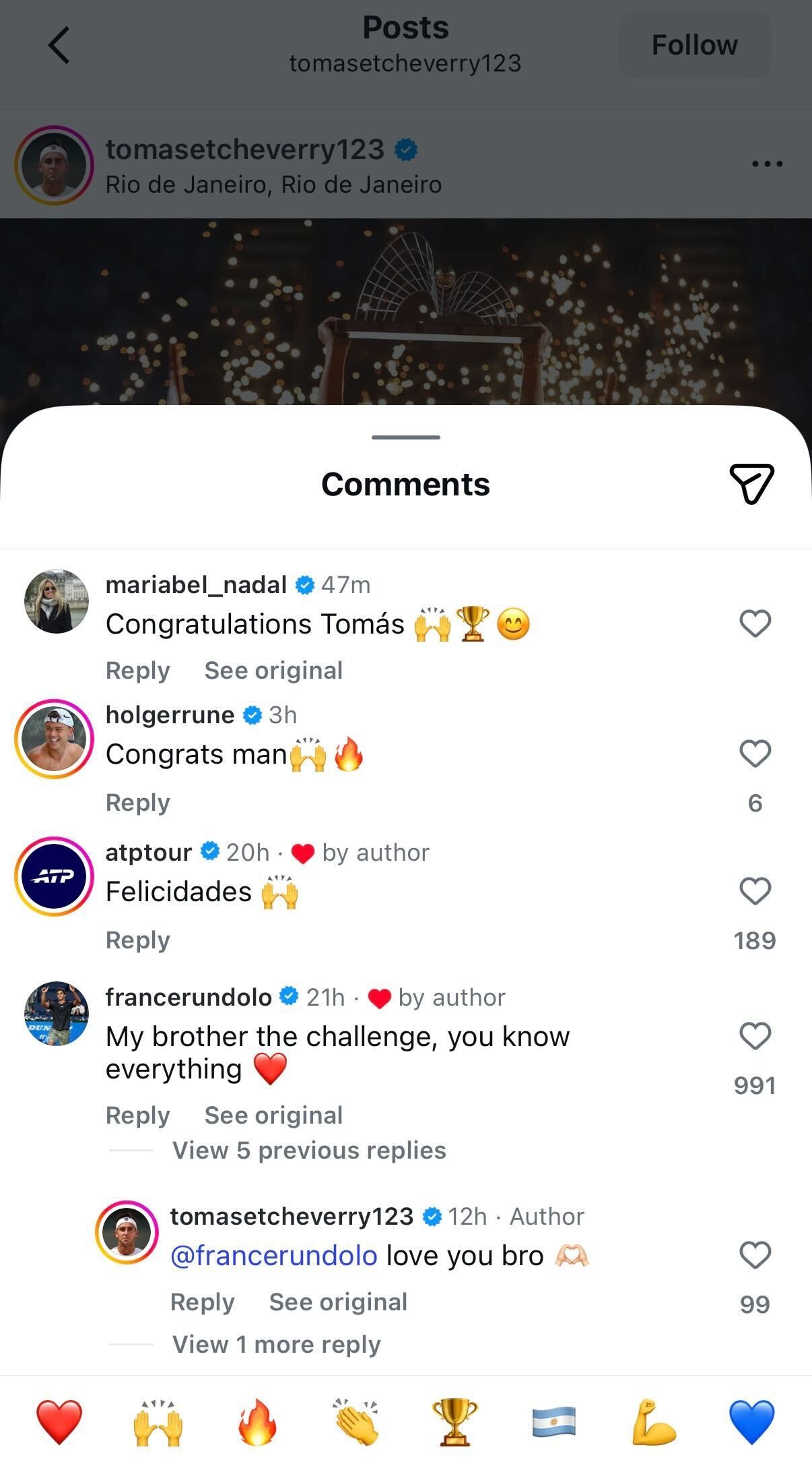 Screen grab of the reactions to Tomás Martín Etcheverry's win at Rio Open