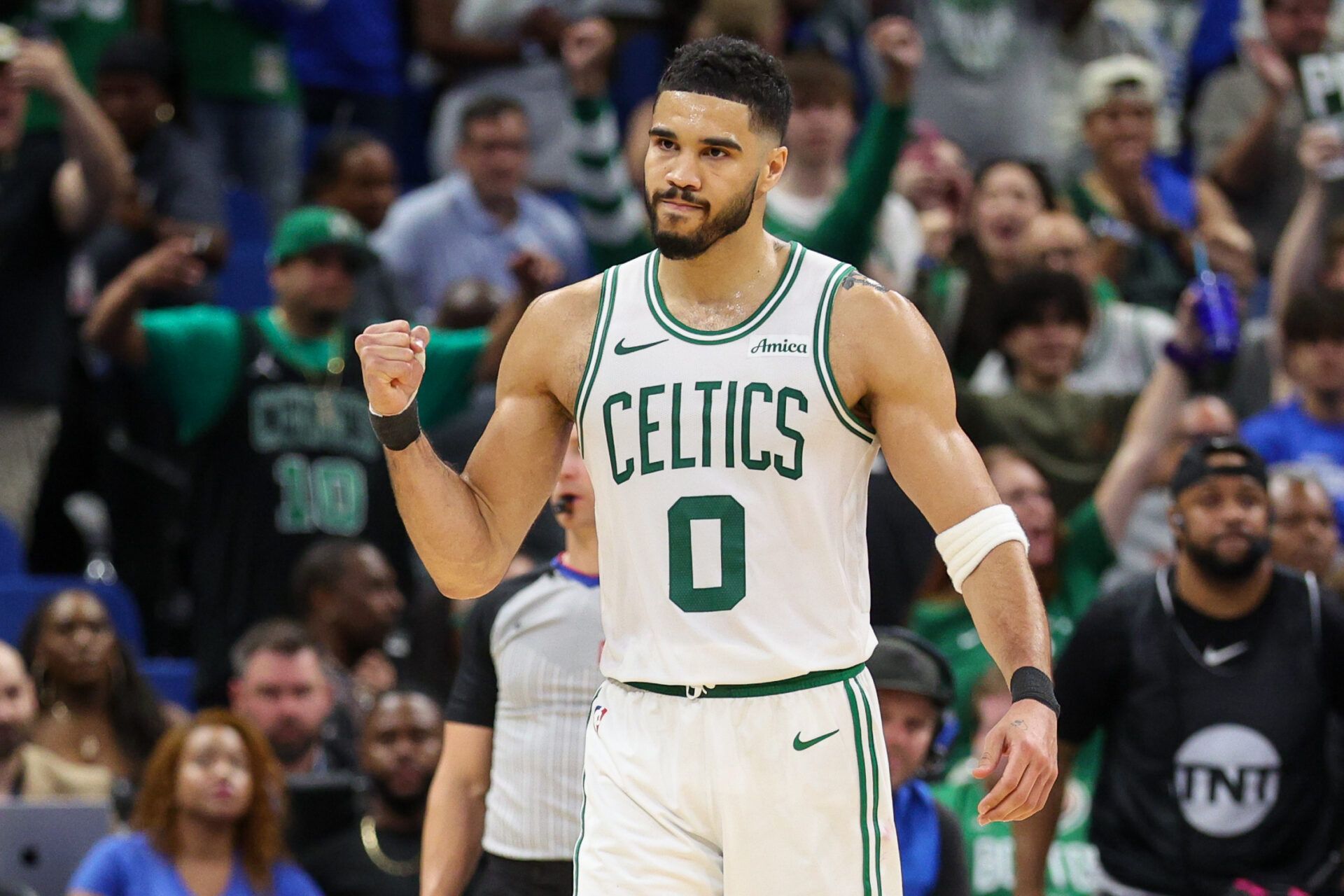 Boston Celtics forward Jayson Tatum (0) reacts after beating the Orlando Magic in game four of first round for the 2025 NBA Playoffs at Kia Center.