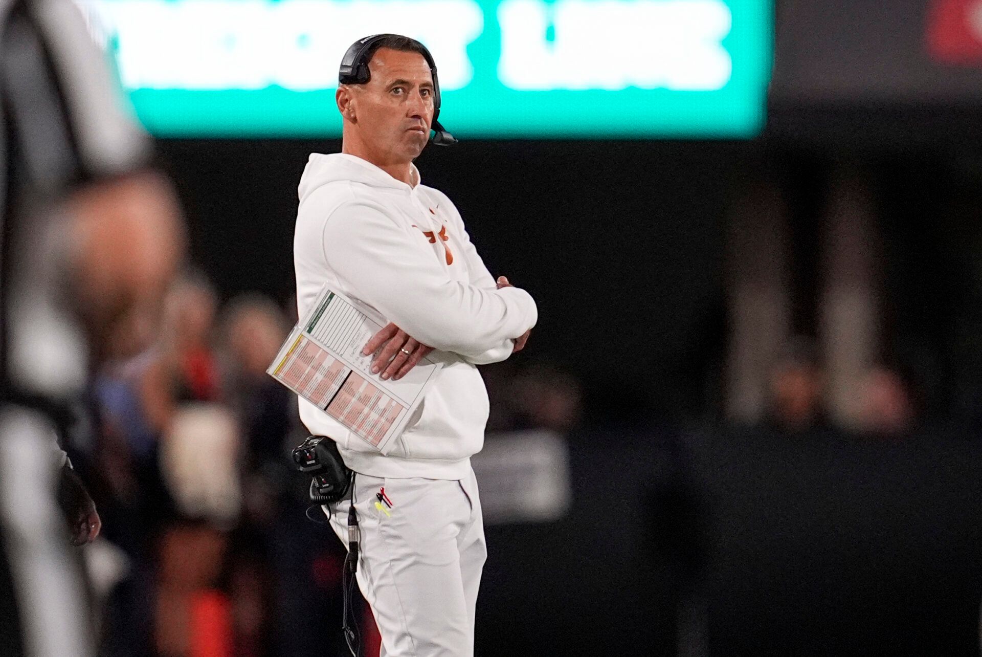 Texas Longhorns head coach Steve Sarkisian looks on in the first half against the Georgia Bulldogs  at Sanford Stadium.