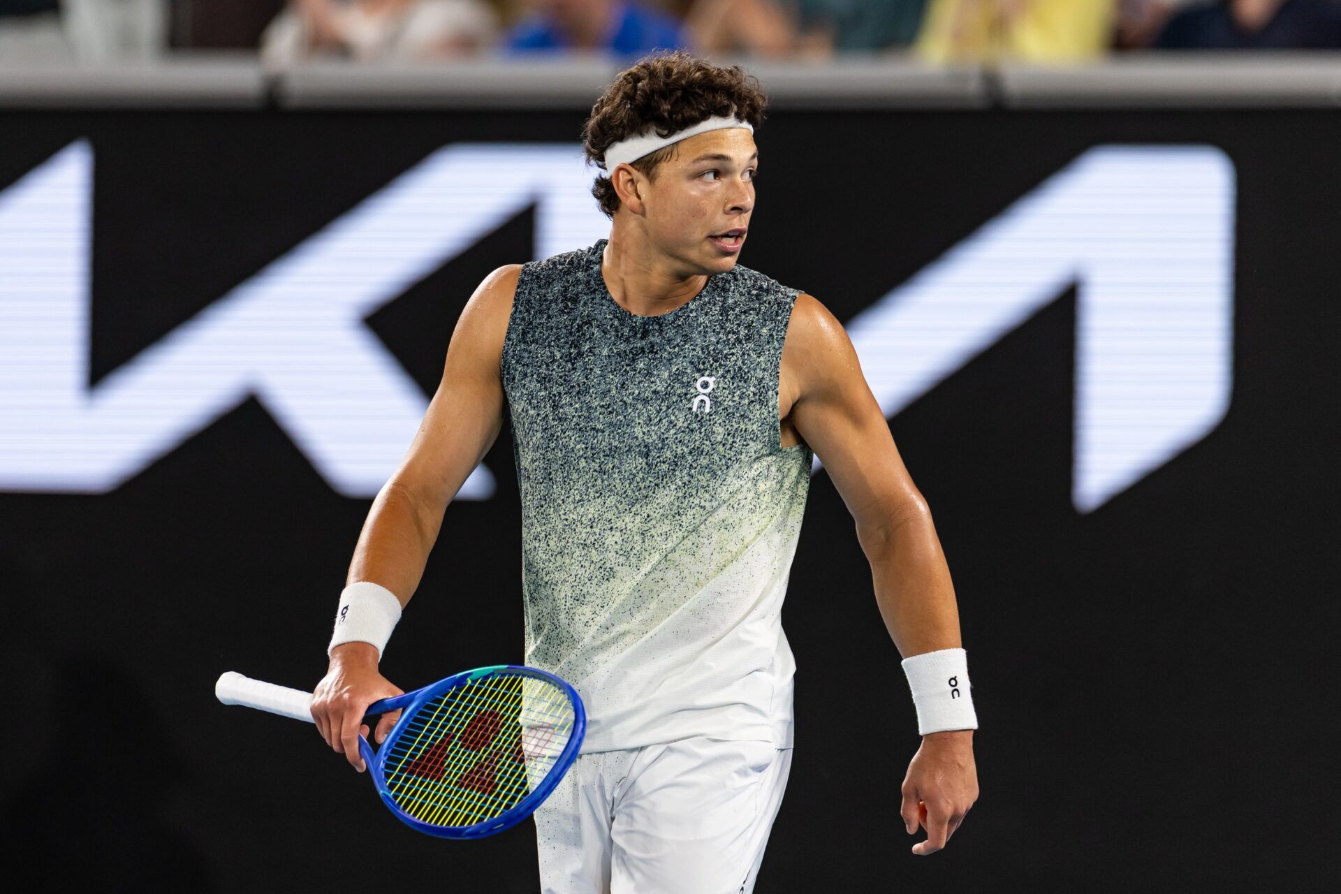 Ben Shelton of United States in action against Valentin Vacherot of Monaco in the third round of the mens singles at the Australian Open at Margaret Court Arena in Melbourne Park.
