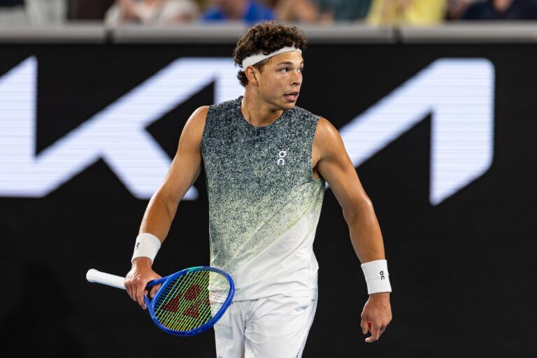 Ben Shelton of United States in action against Valentin Vacherot of Monaco in the third round of the mens singles at the Australian Open at Margaret Court Arena in Melbourne Park.