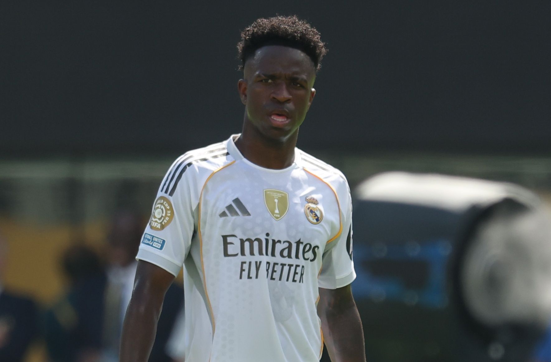 Real Madrid CF forward Vinicius Junior (7) in action during a semifinal match of the 2025 FIFA Club World Cup against Paris Saint-Germain at MetLife Stadium.