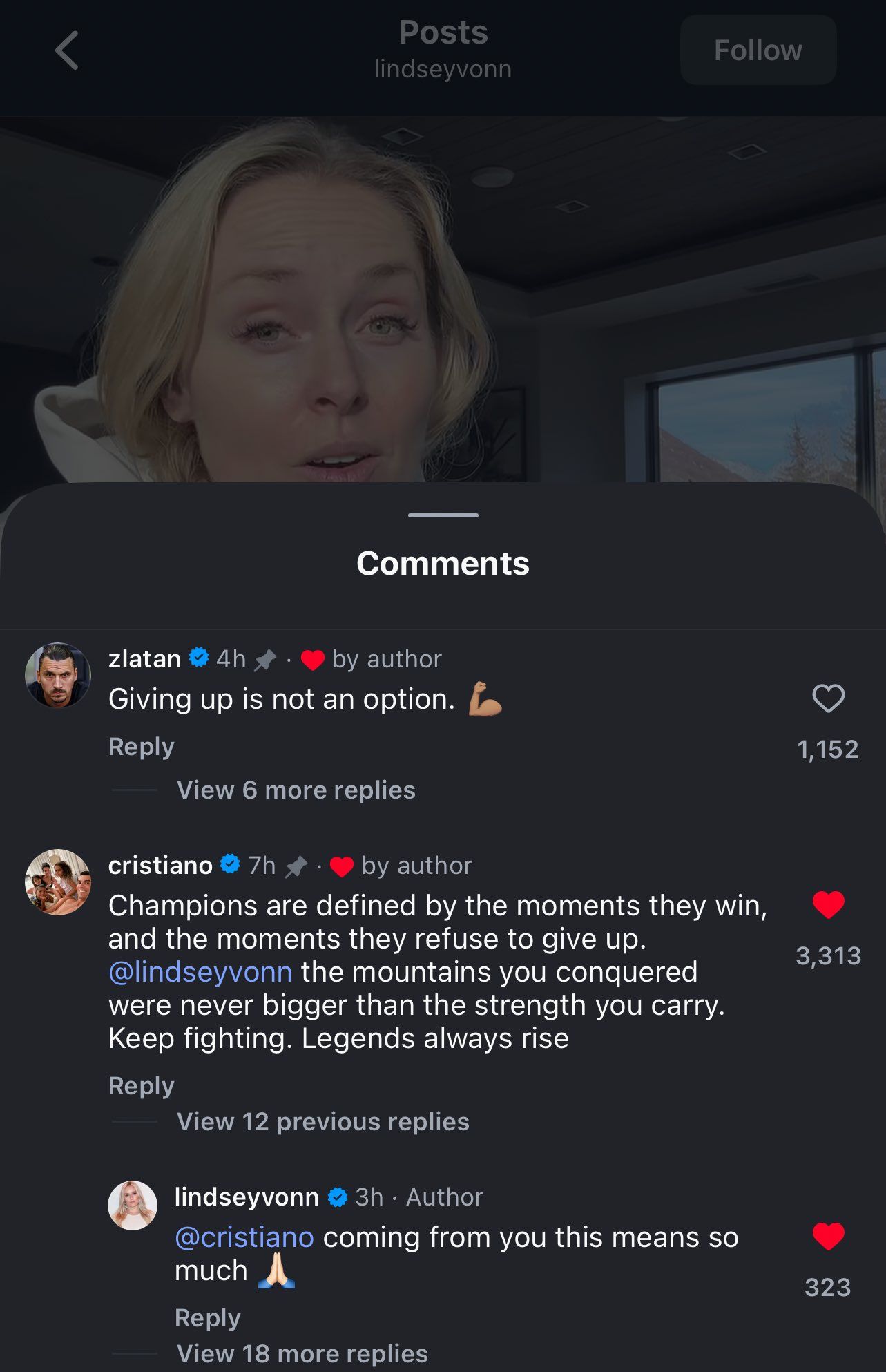 Cristiano Ronaldo's comment under Lindsey Vonn's post