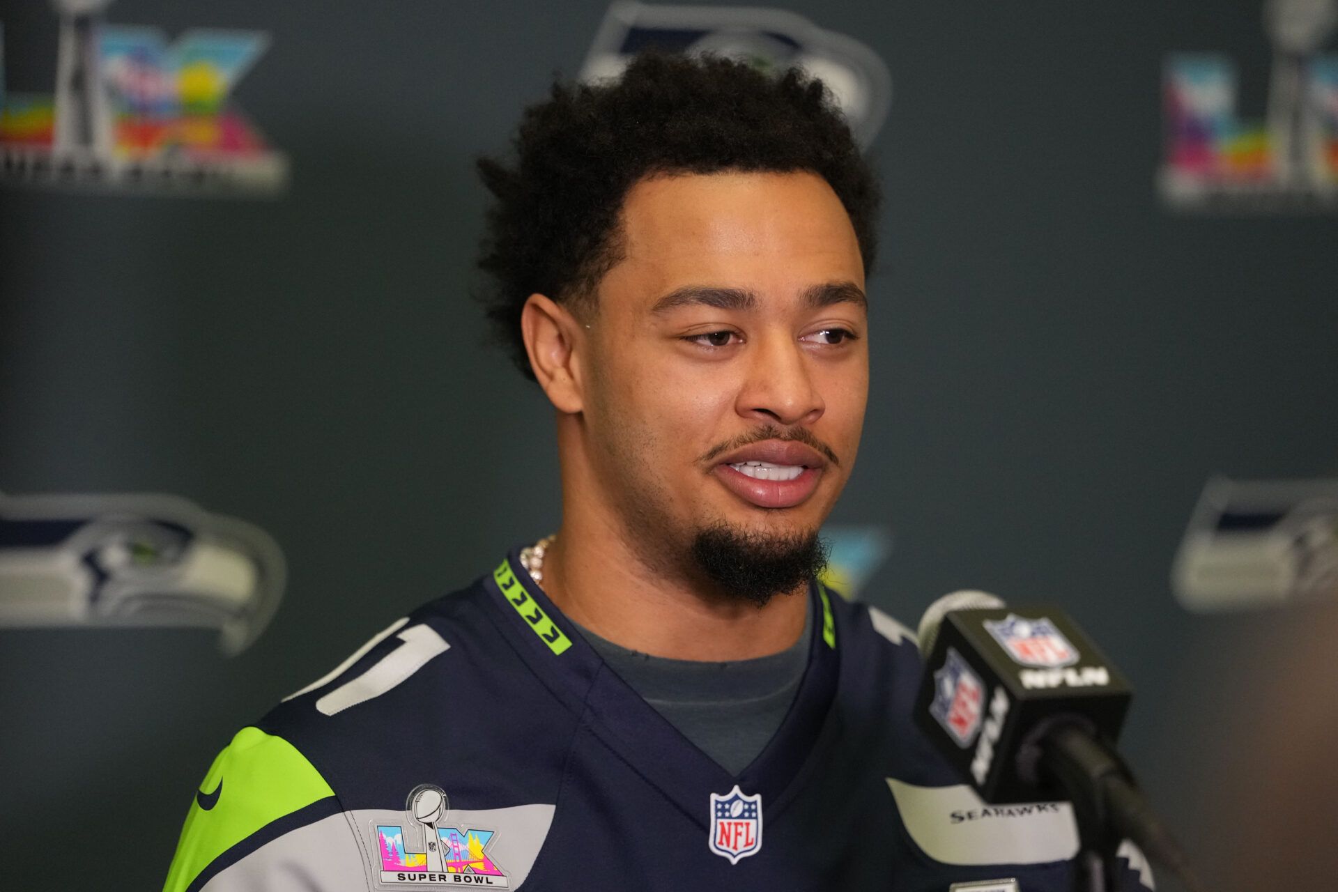 Seattle Seahawks wide receiver Jaxon Smith-Njigba (11) talks to media members at the San Jose Marriott.