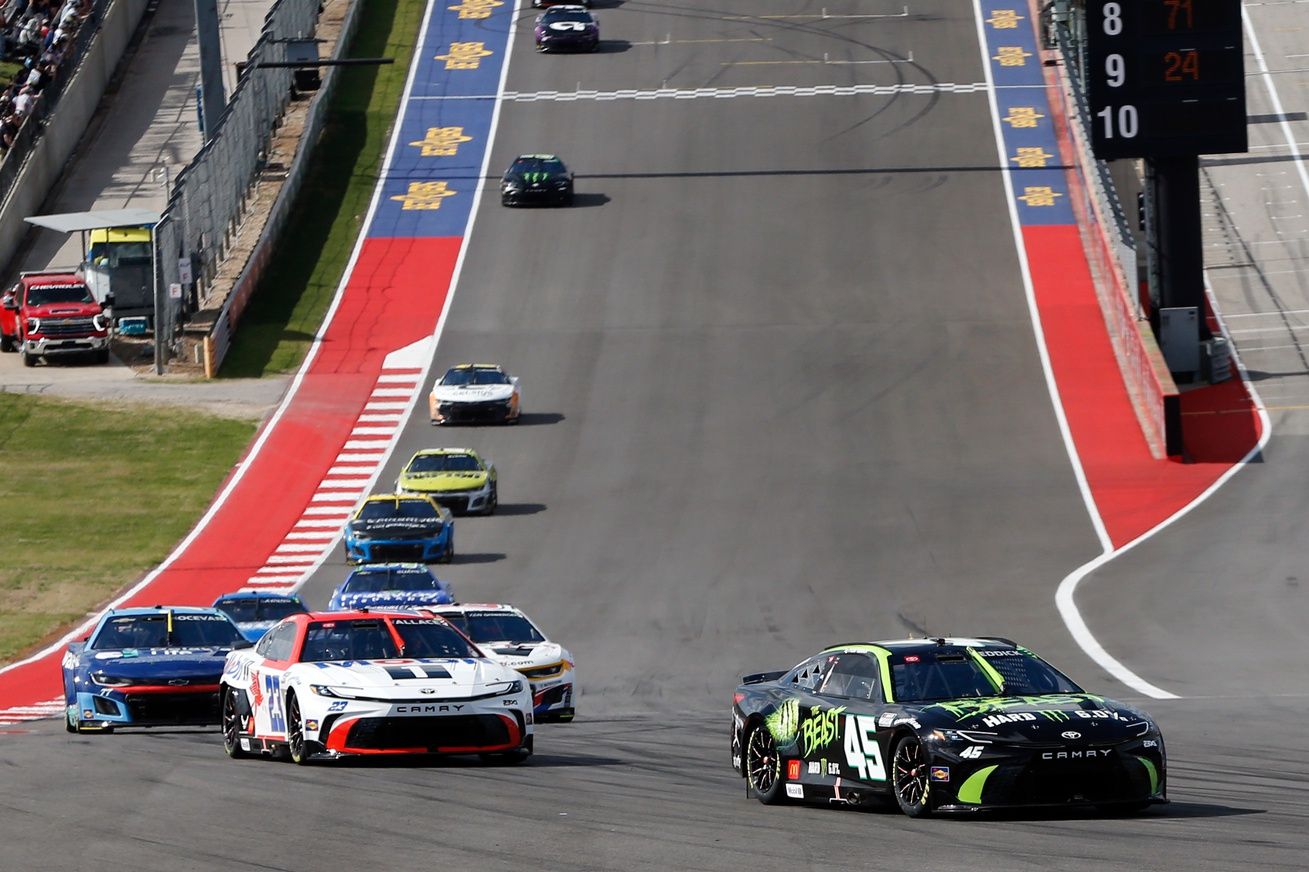 NASCAR Cup Series driver Tyler Reddick (45) is followed by NASCAR Cup Series driver Bubba Wallace (23) during the EchoPark Automotive Grand Prix at Circuit of the Americas.