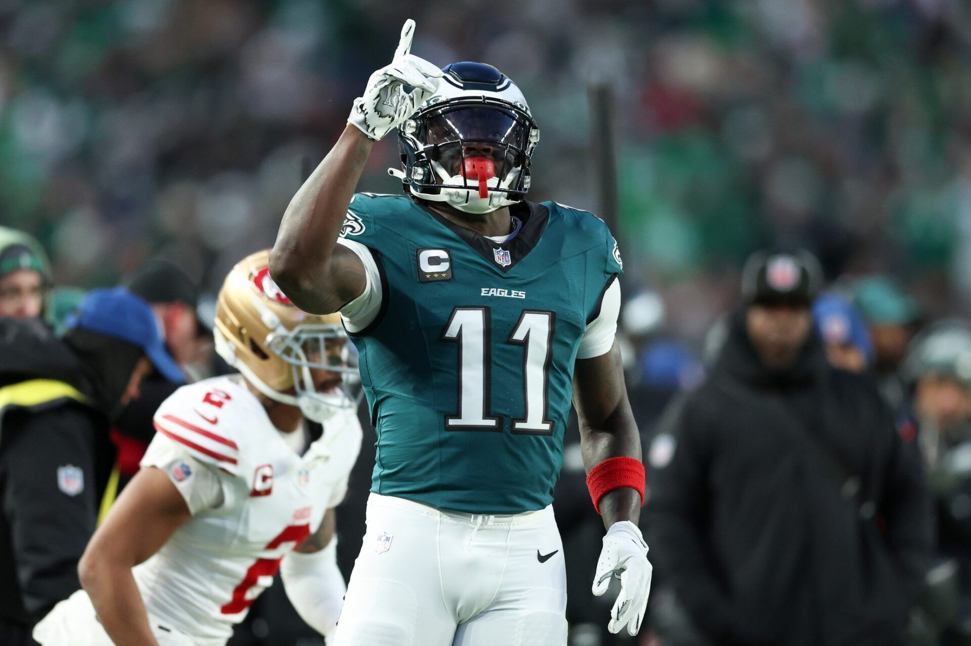 Philadelphia Eagles wide receiver A.J. Brown (11) celebrates first down against the San Francisco 49ers during the first quarter in an NFC Wild Card Round game at Lincoln Financial Field.