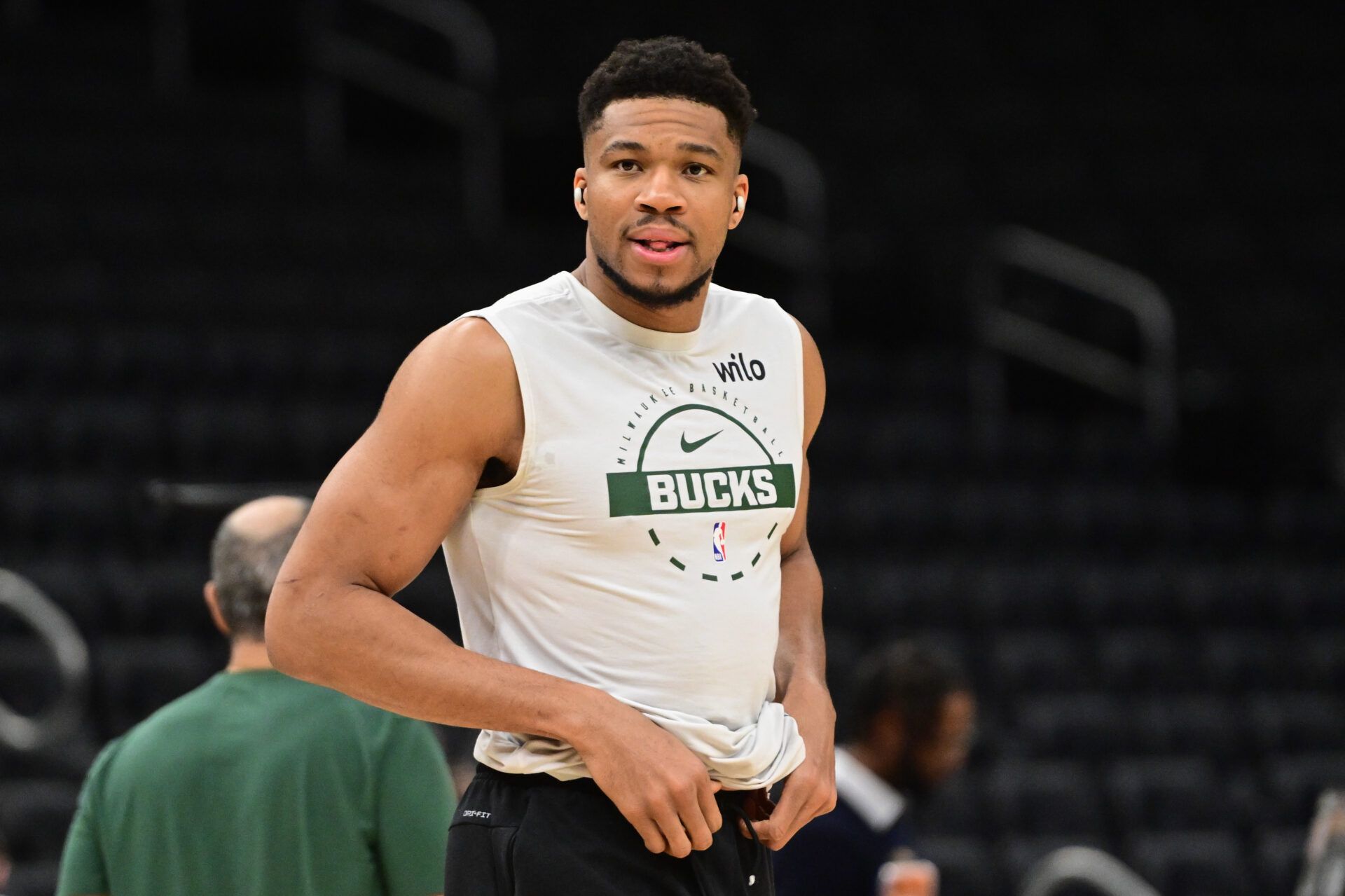 Milwaukee Bucks forward Giannis Antetokounmpo (34) warms up  before game against the Toronto Raptors at Fiserv Forum.