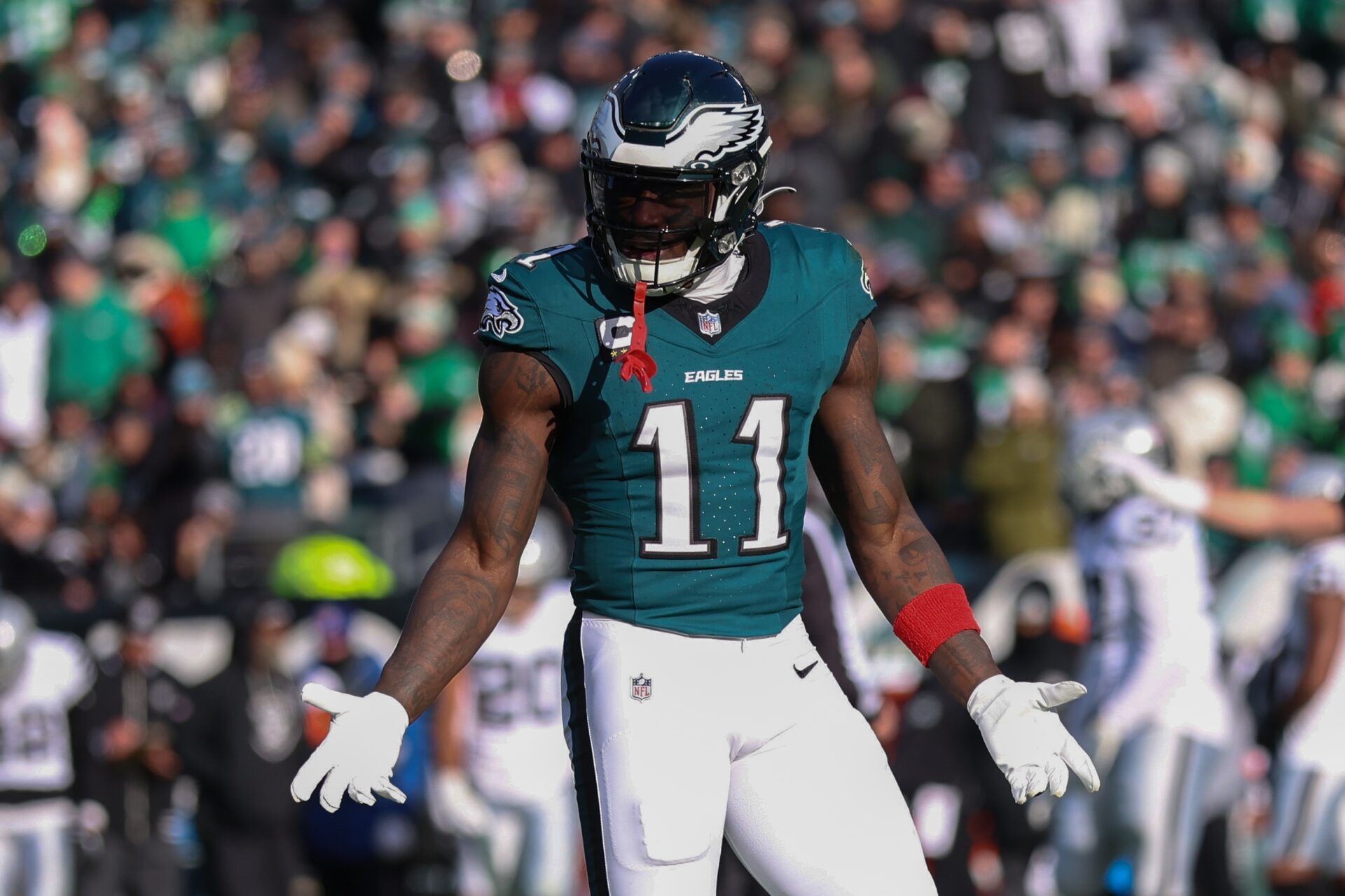 Philadelphia Eagles wide receiver A.J. Brown (11) reacts after an unsuccessful play against the Las Vegas Raiders during the second quarter at Lincoln Financial Field.