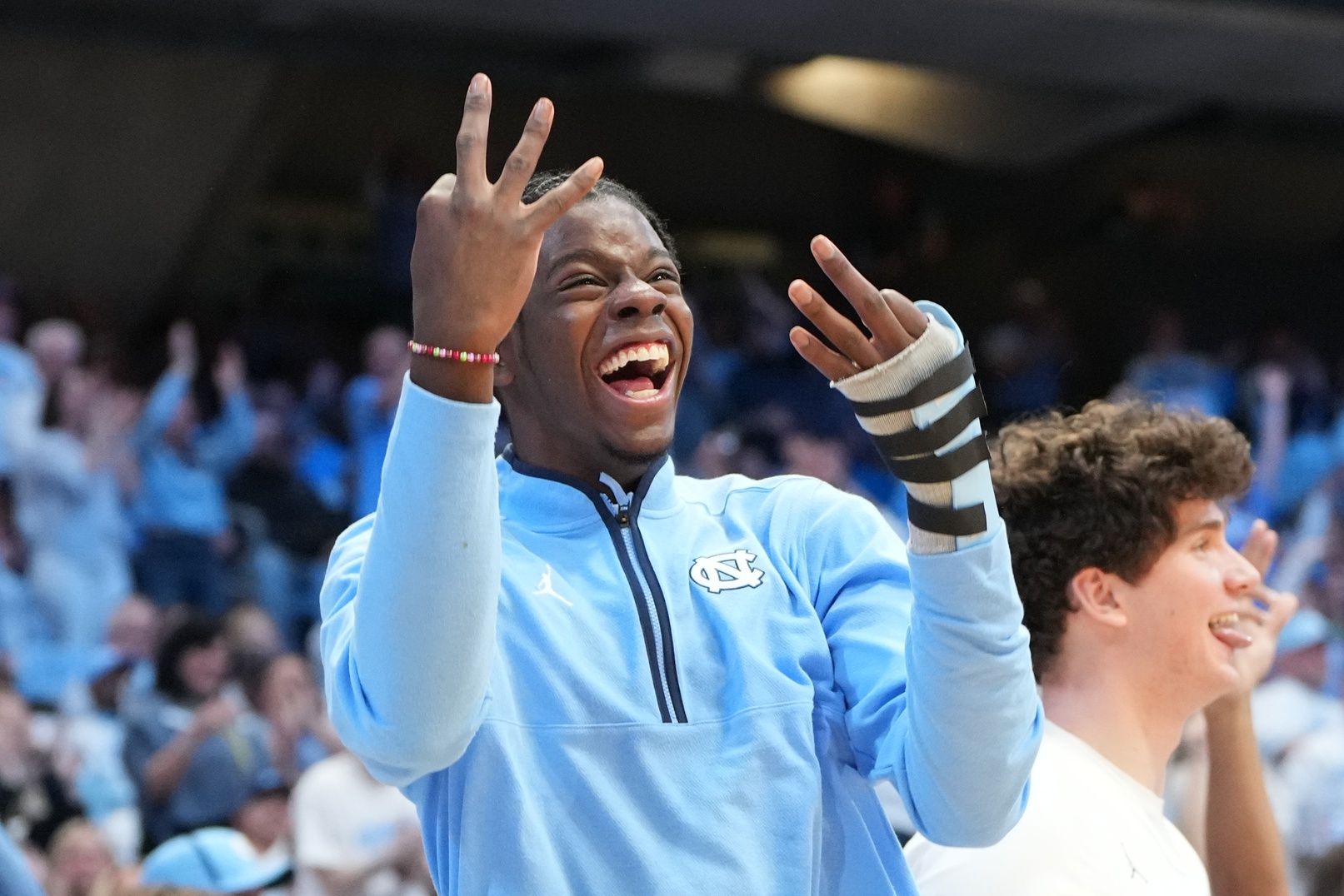 North Carolina Tar Heels forward Caleb Wilson (8) reacts after a three point shot in the second half at Dean E. Smith Center.