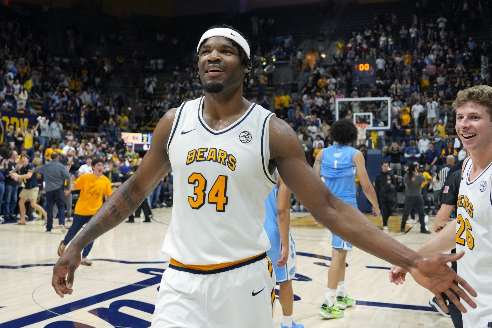 California Golden Bears forward Lee Dort (34) celebrates after defeating the North Carolina Tar Heels at Haas Pavilion.