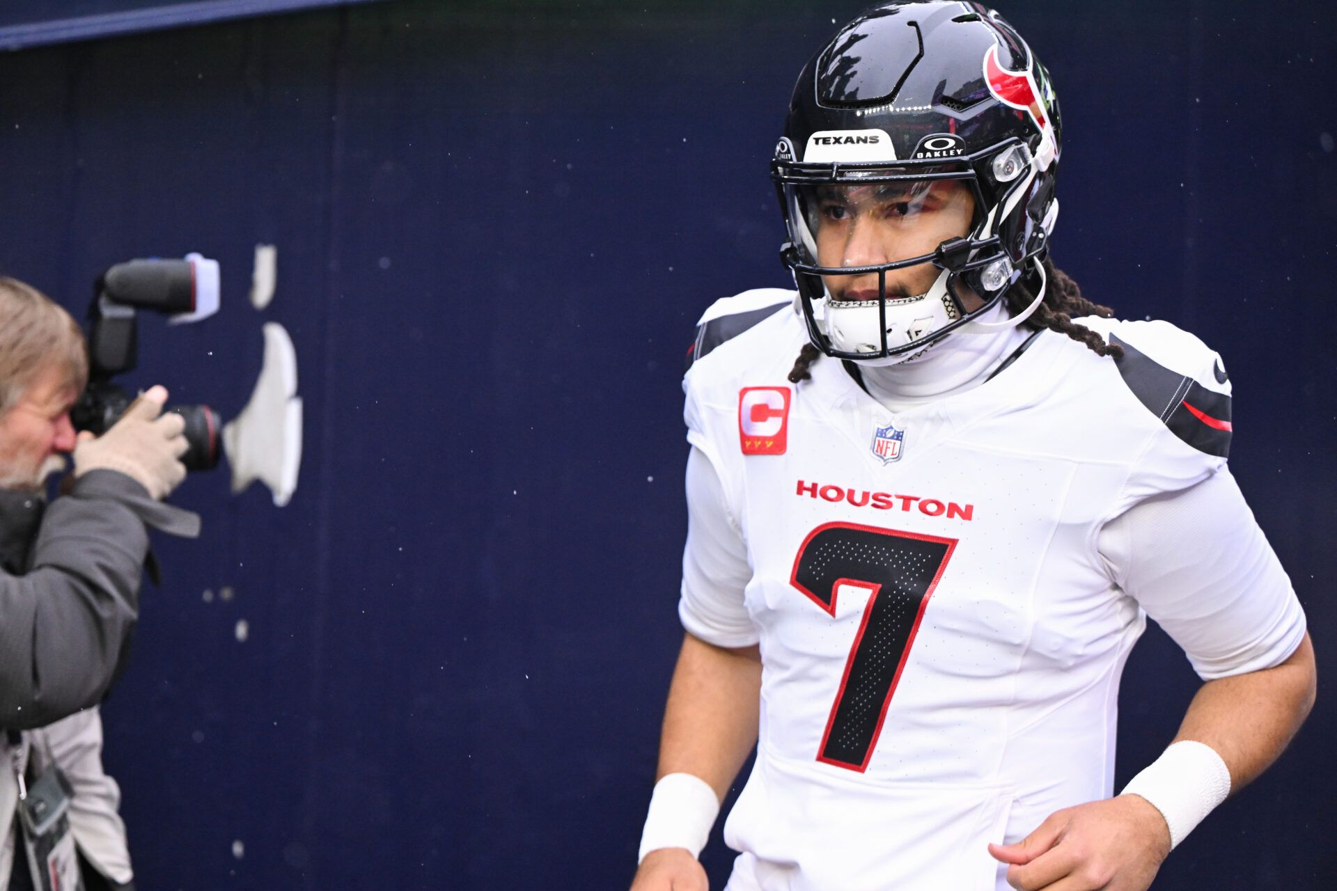 Houston Texans quarterback C.J. Stroud (7) enters the field before an AFC Divisional Round game against the New England Patriots at Gillette Stadium.