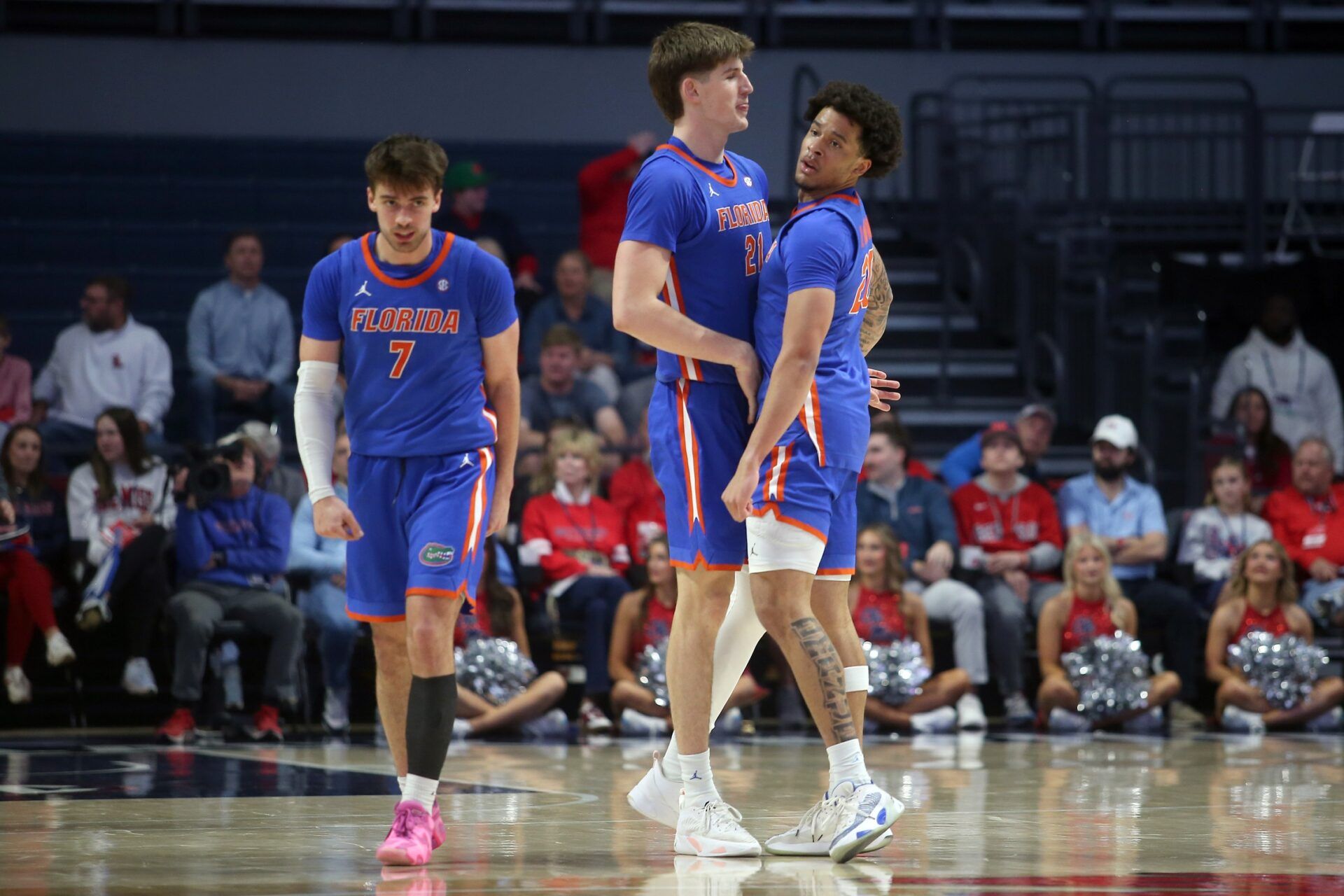 Florida Gators forward/center Alex Condon (21) reacts with guard Isaiah Brown (20) during the second half against the Mississippi Rebels at The Sandy and John Black Pavilion at Ole Miss.